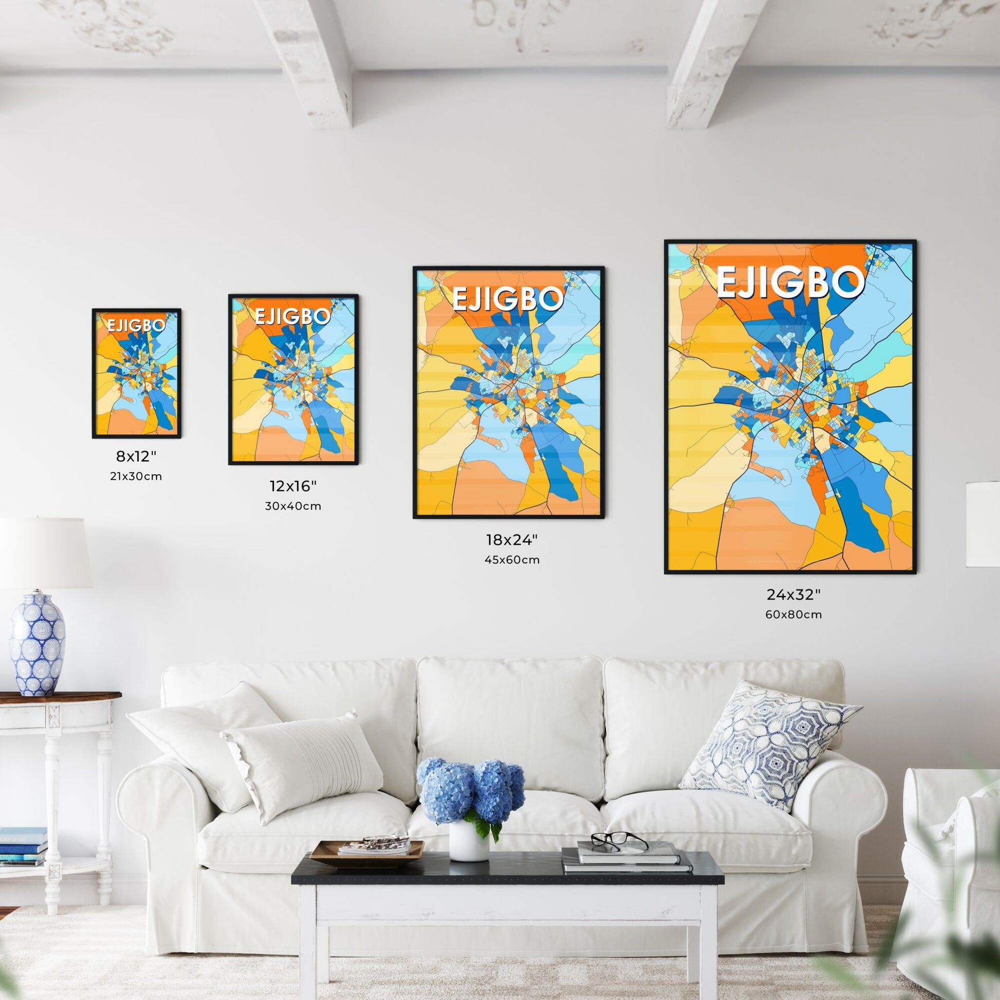 EJIGBO NIGERIA Vibrant Colorful Art Map Poster Blue Orange