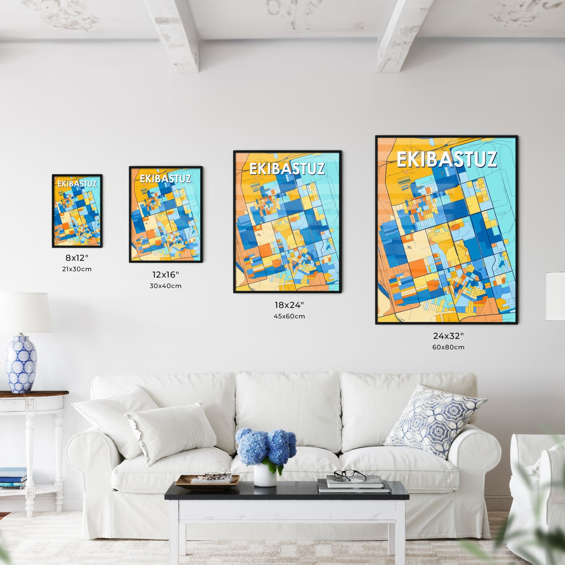 EKIBASTUZ KAZAKHSTAN Vibrant Colorful Art Map Poster Blue Orange