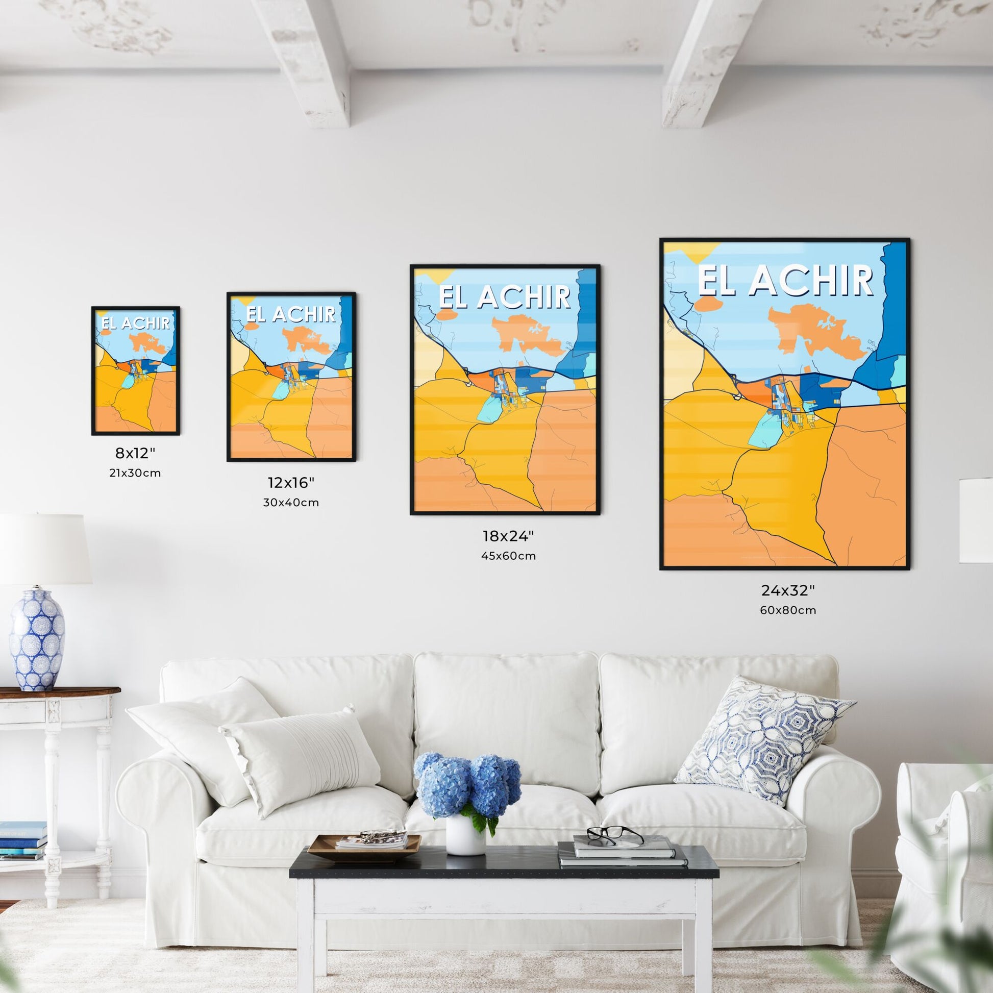 EL ACHIR ALGERIA Vibrant Colorful Art Map Poster Blue Orange