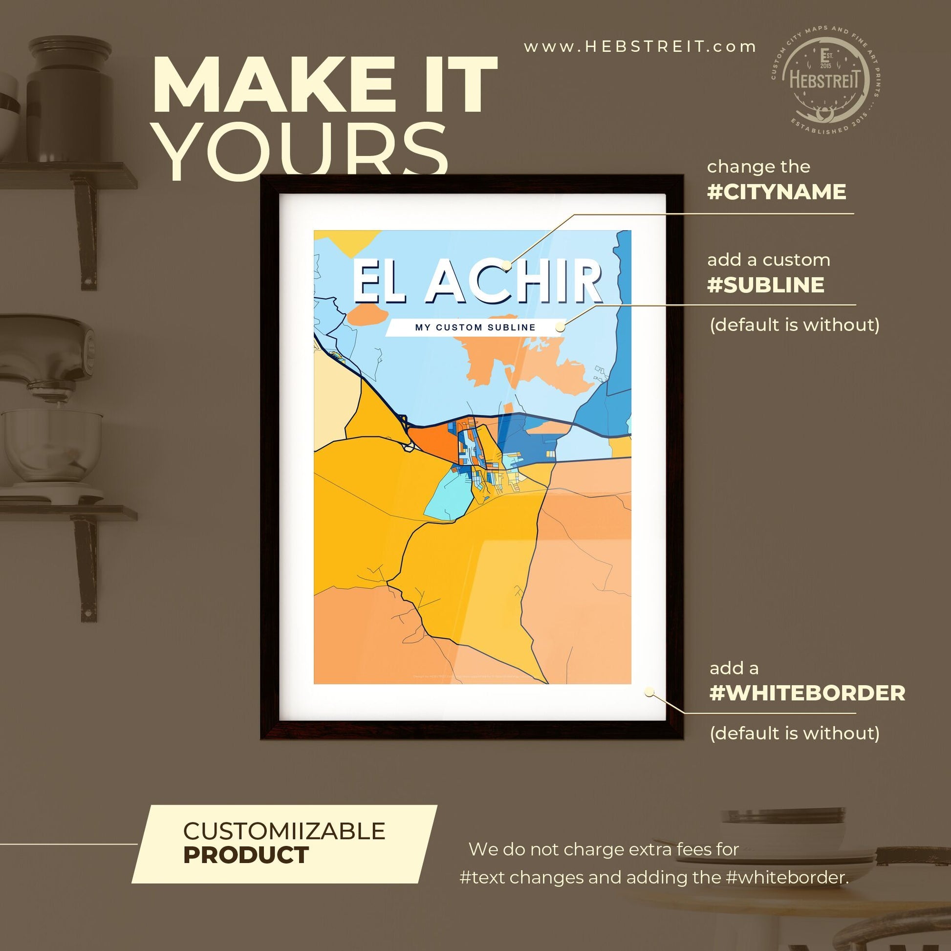 EL ACHIR ALGERIA Vibrant Colorful Art Map Poster Blue Orange