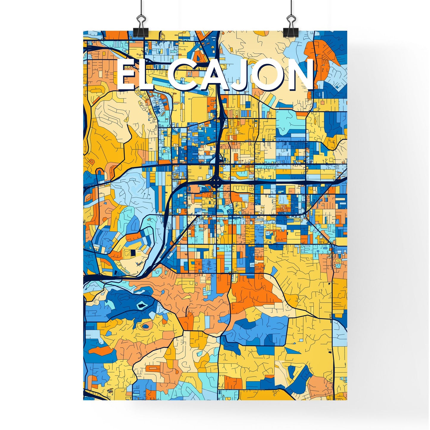 EL CAJON CALIFORNIA Vibrant Colorful Art Map Poster Blue Orange