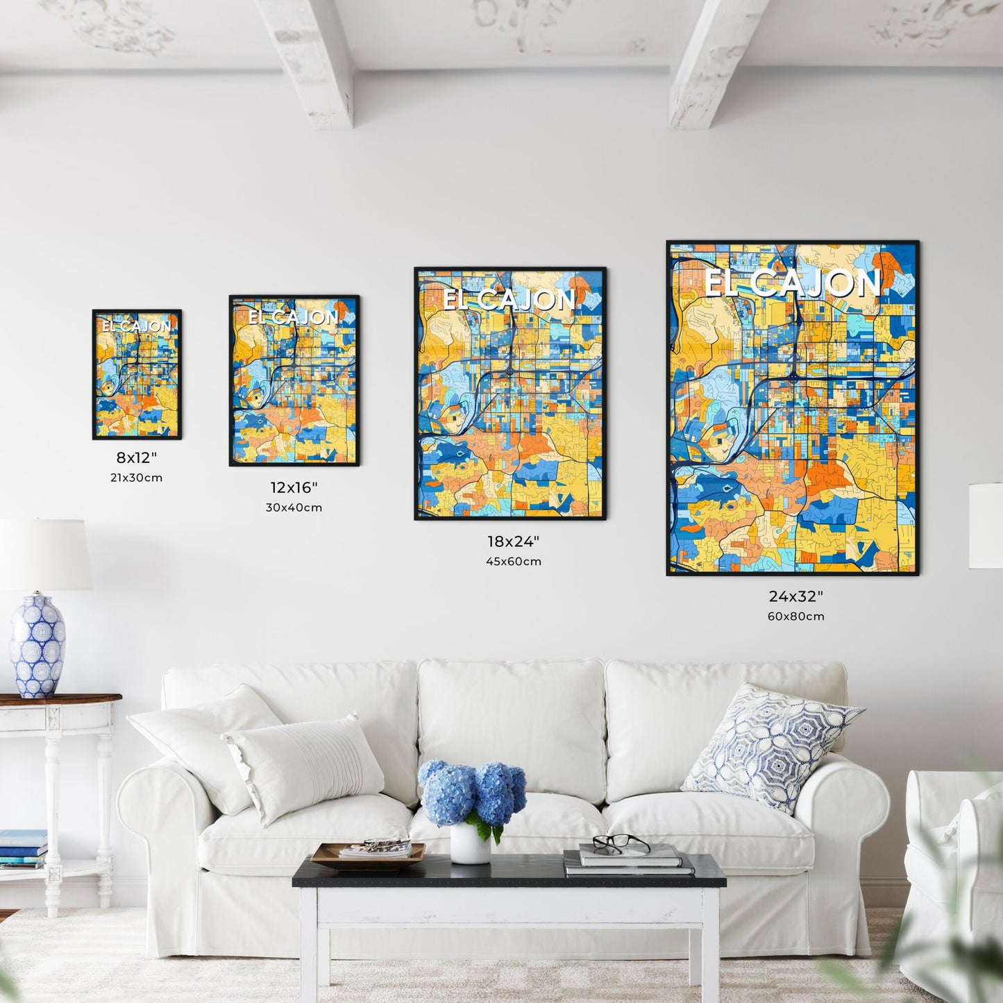 EL CAJON CALIFORNIA Vibrant Colorful Art Map Poster Blue Orange