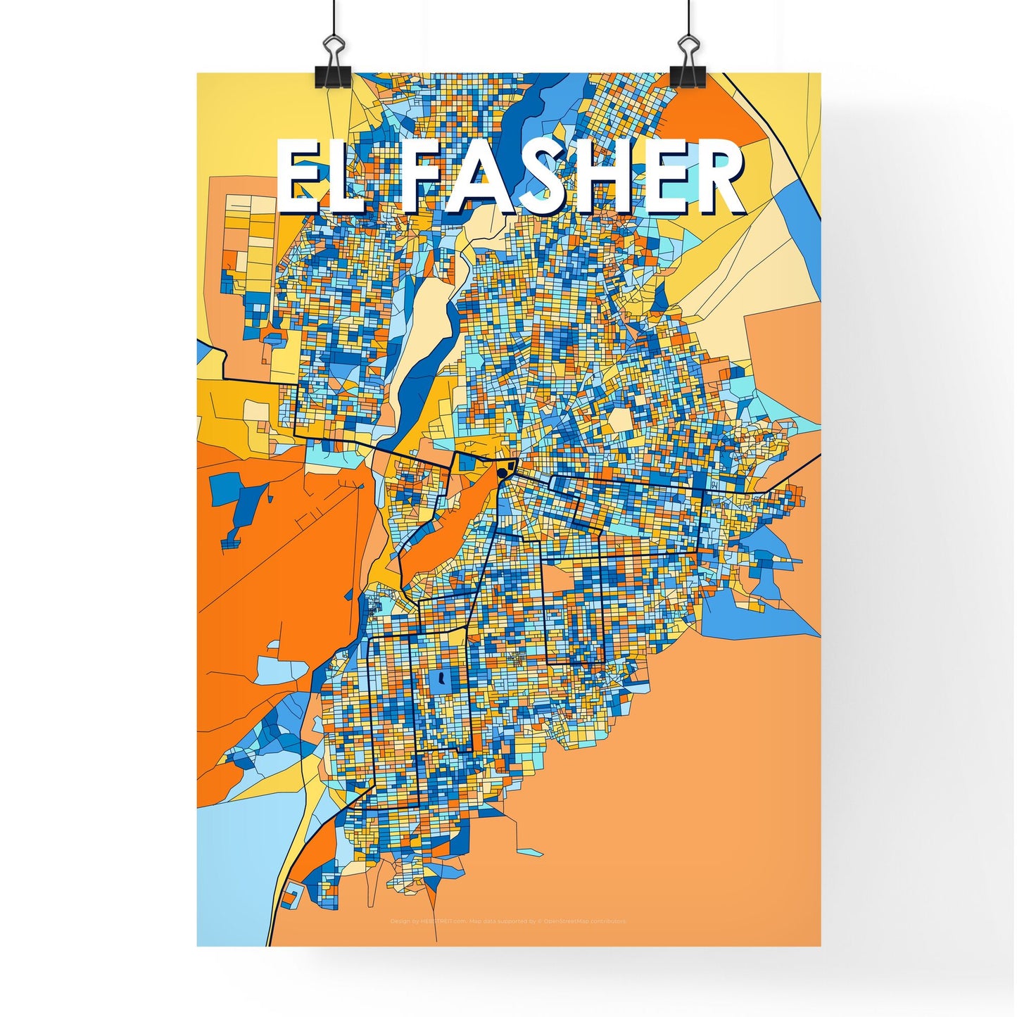 EL FASHER SUDAN Vibrant Colorful Art Map Poster Blue Orange