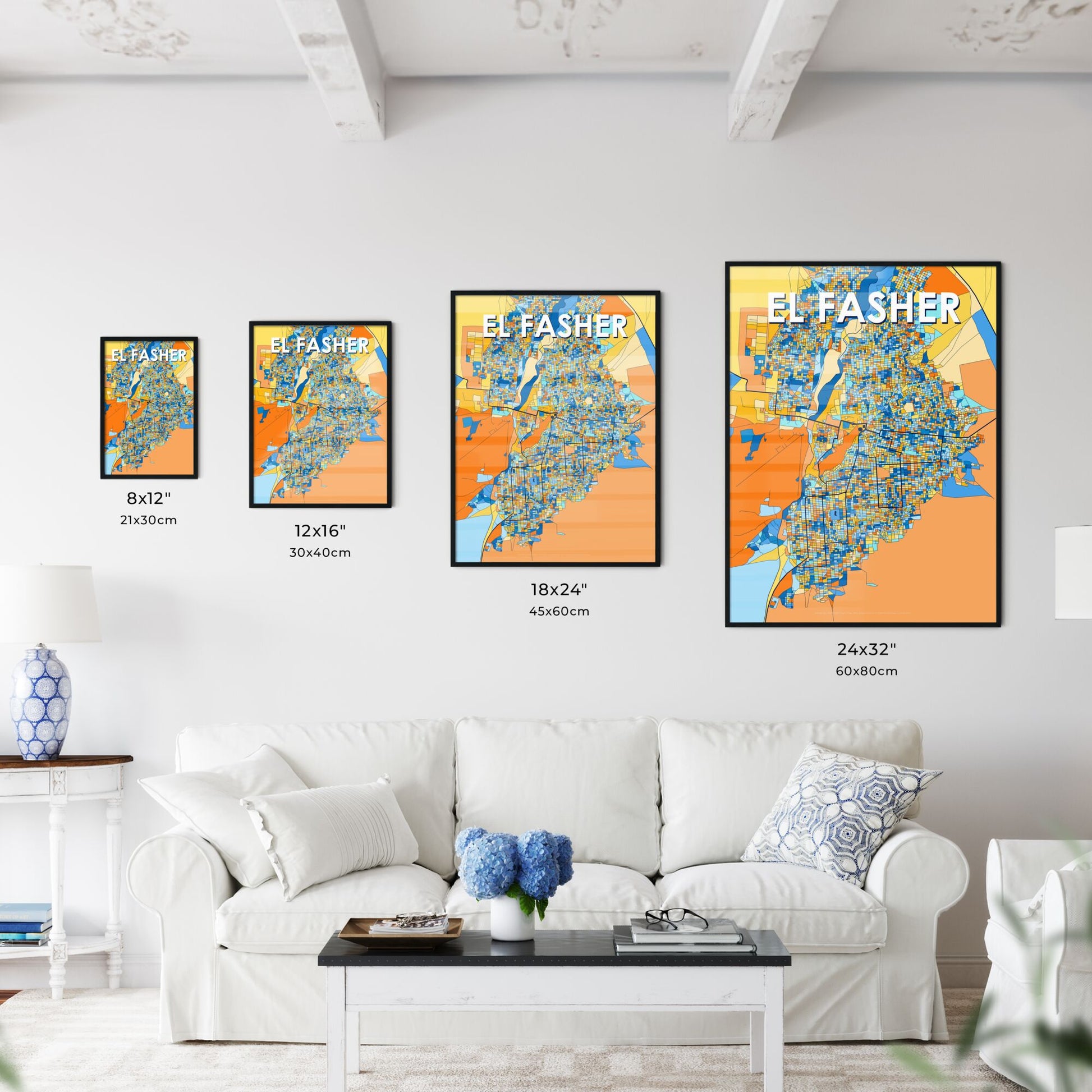 EL FASHER SUDAN Vibrant Colorful Art Map Poster Blue Orange