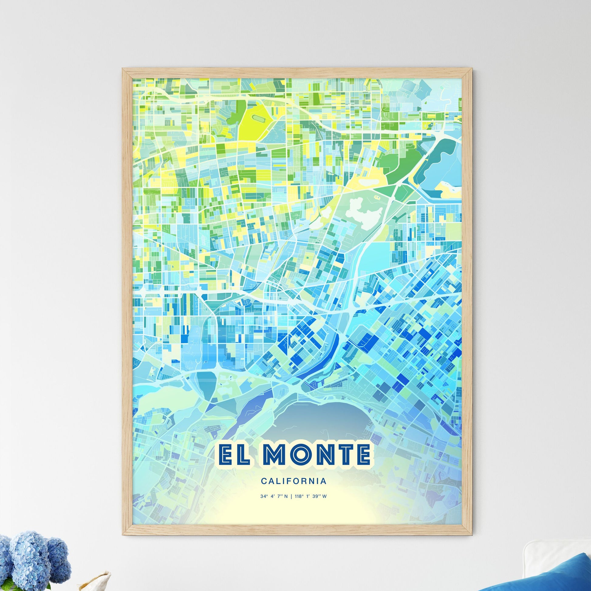 Colorful El Monte California Fine Art Map Cool Blue