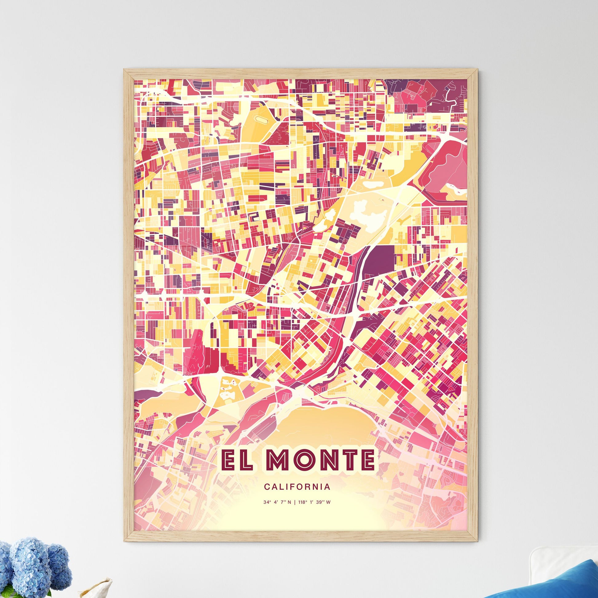 Colorful El Monte California Fine Art Map Hot Red