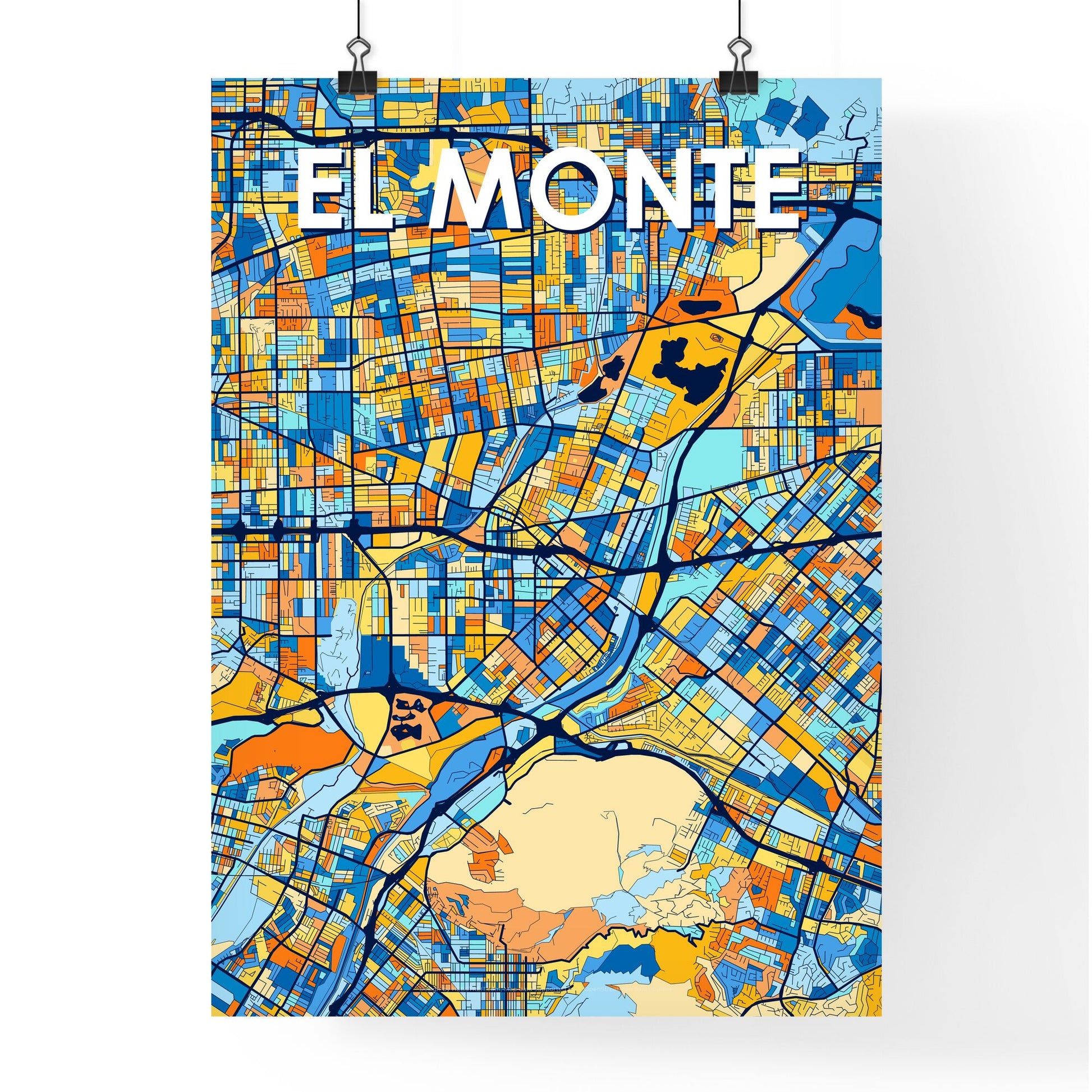EL MONTE CALIFORNIA Vibrant Colorful Art Map Poster Blue Orange
