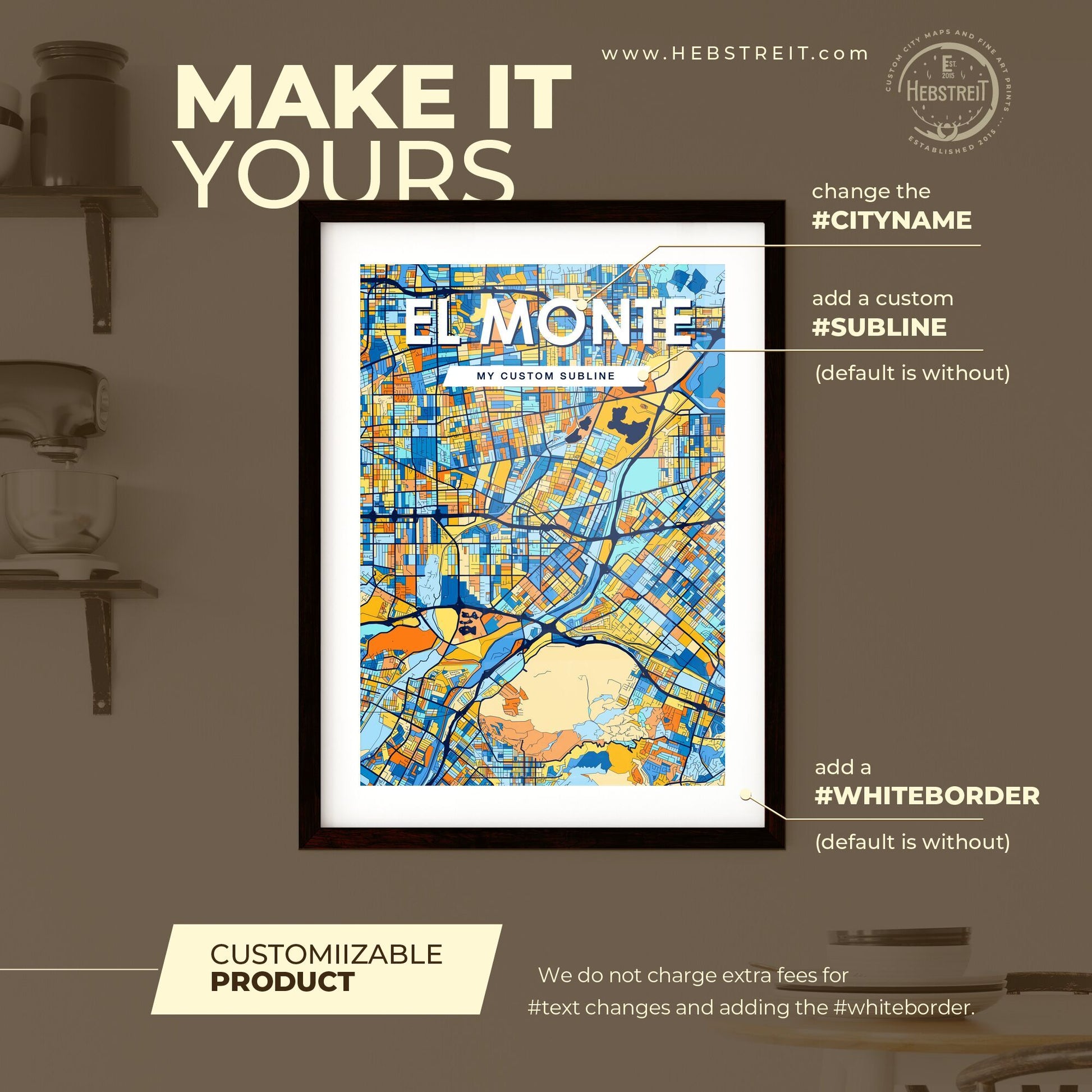 EL MONTE CALIFORNIA Vibrant Colorful Art Map Poster Blue Orange