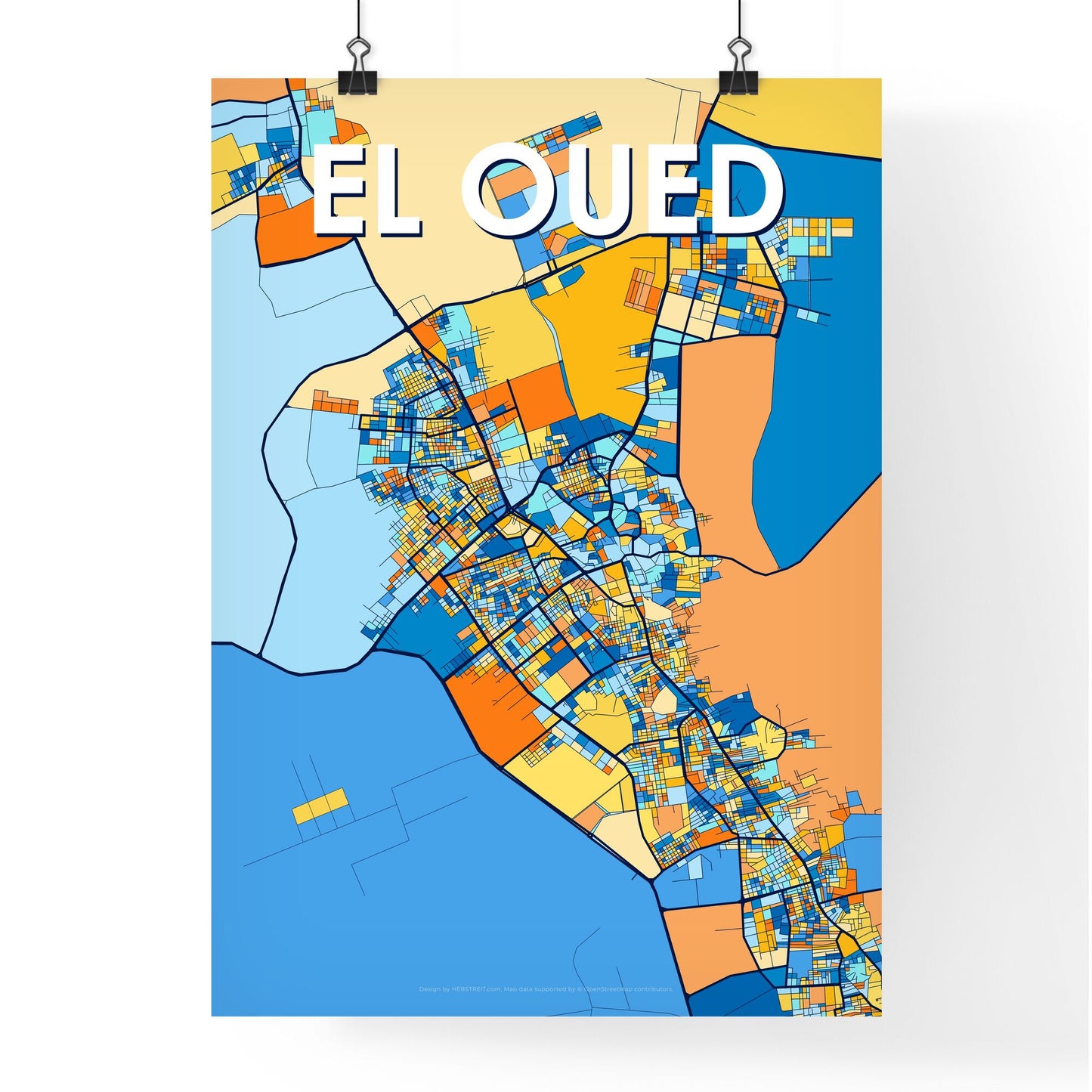 EL OUED ALGERIA Vibrant Colorful Art Map Poster Blue Orange