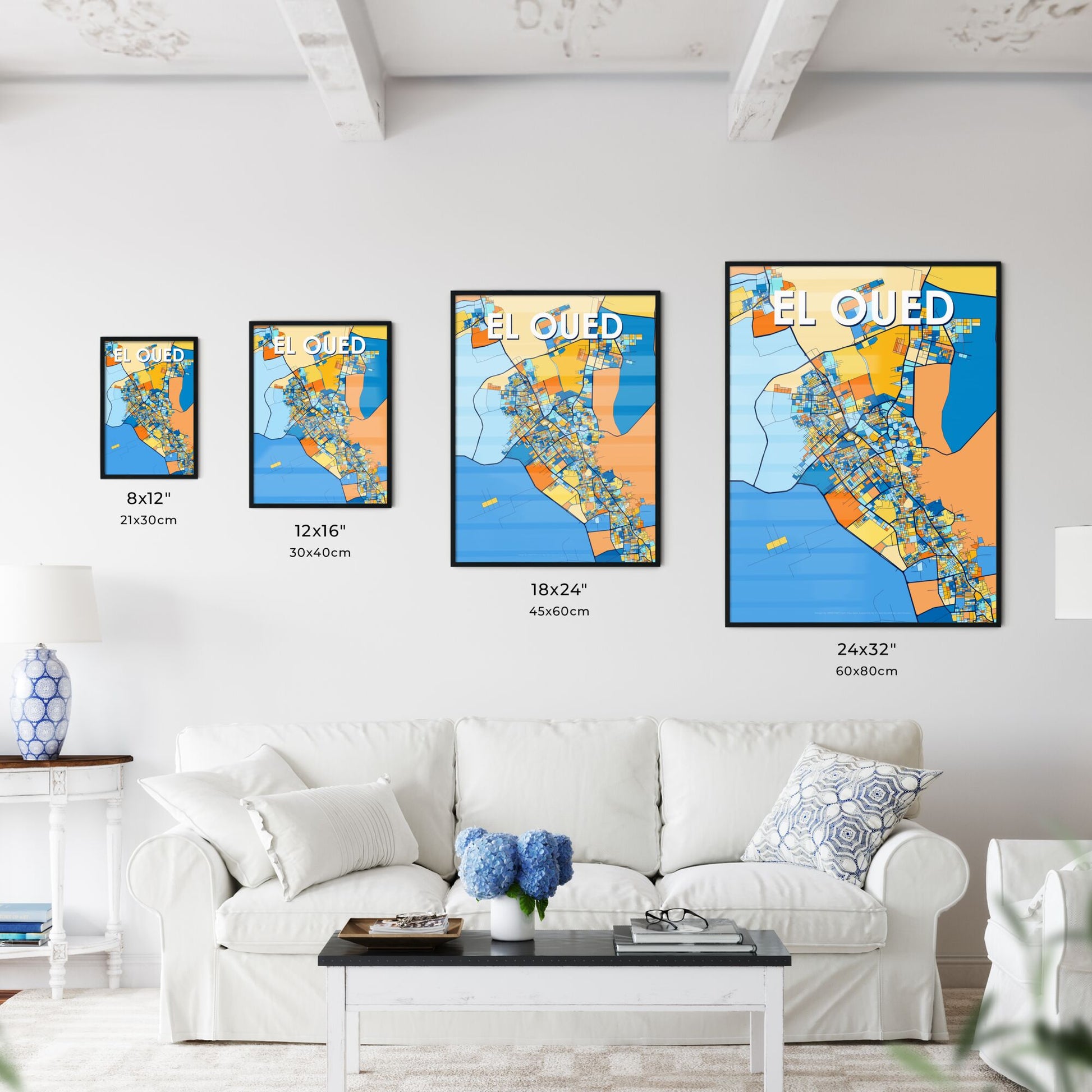 EL OUED ALGERIA Vibrant Colorful Art Map Poster Blue Orange