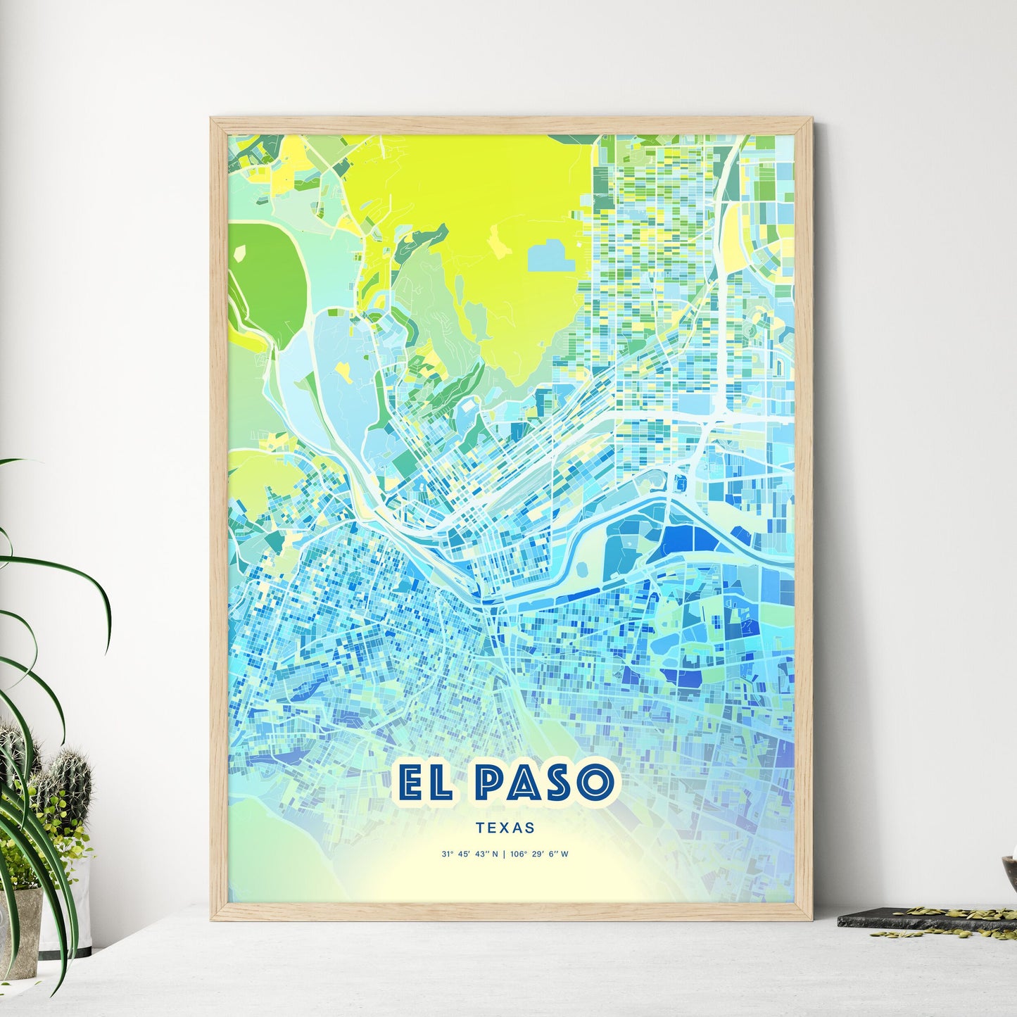 Colorful El Paso Texas Fine Art Map Cool Blue