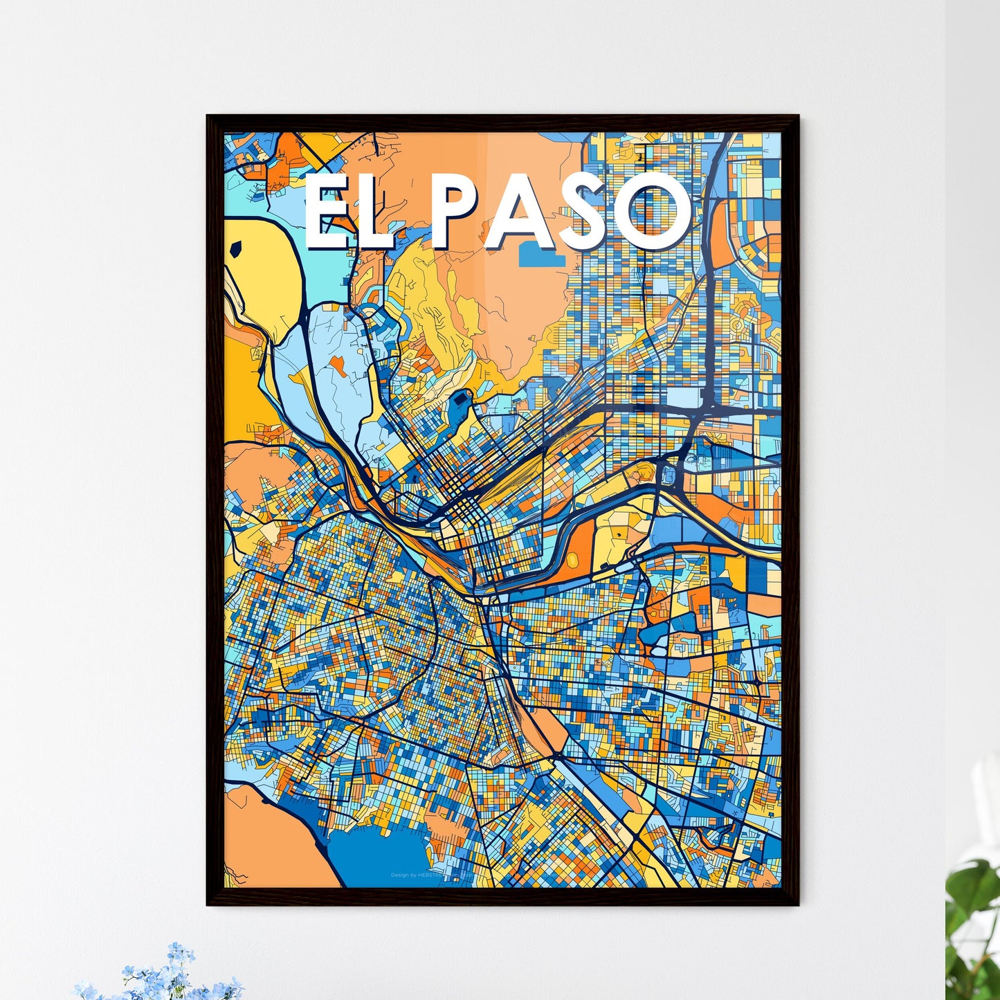 EL PASO TEXAS Vibrant Colorful Art Map Poster Blue Orange