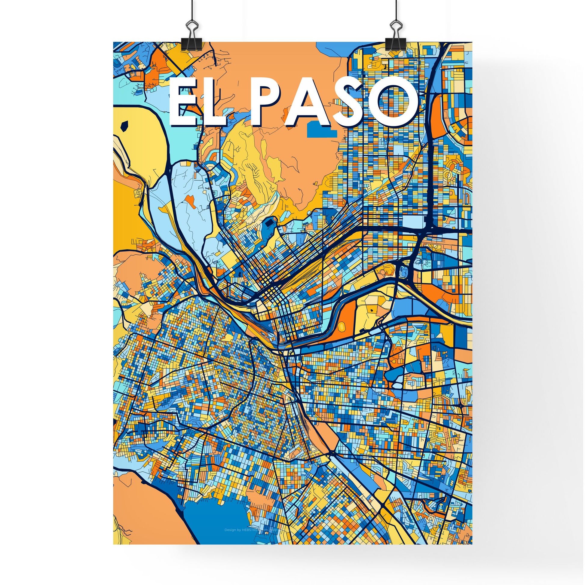 EL PASO TEXAS Vibrant Colorful Art Map Poster Blue Orange