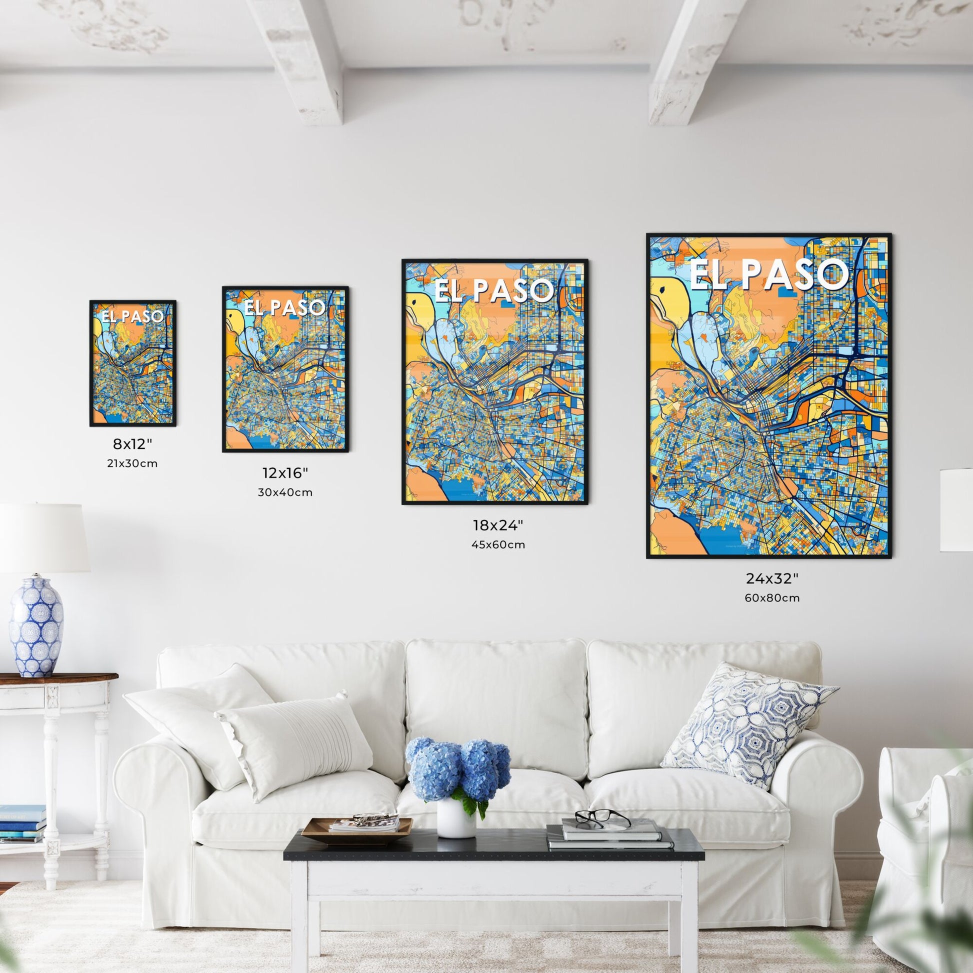 EL PASO TEXAS Vibrant Colorful Art Map Poster Blue Orange