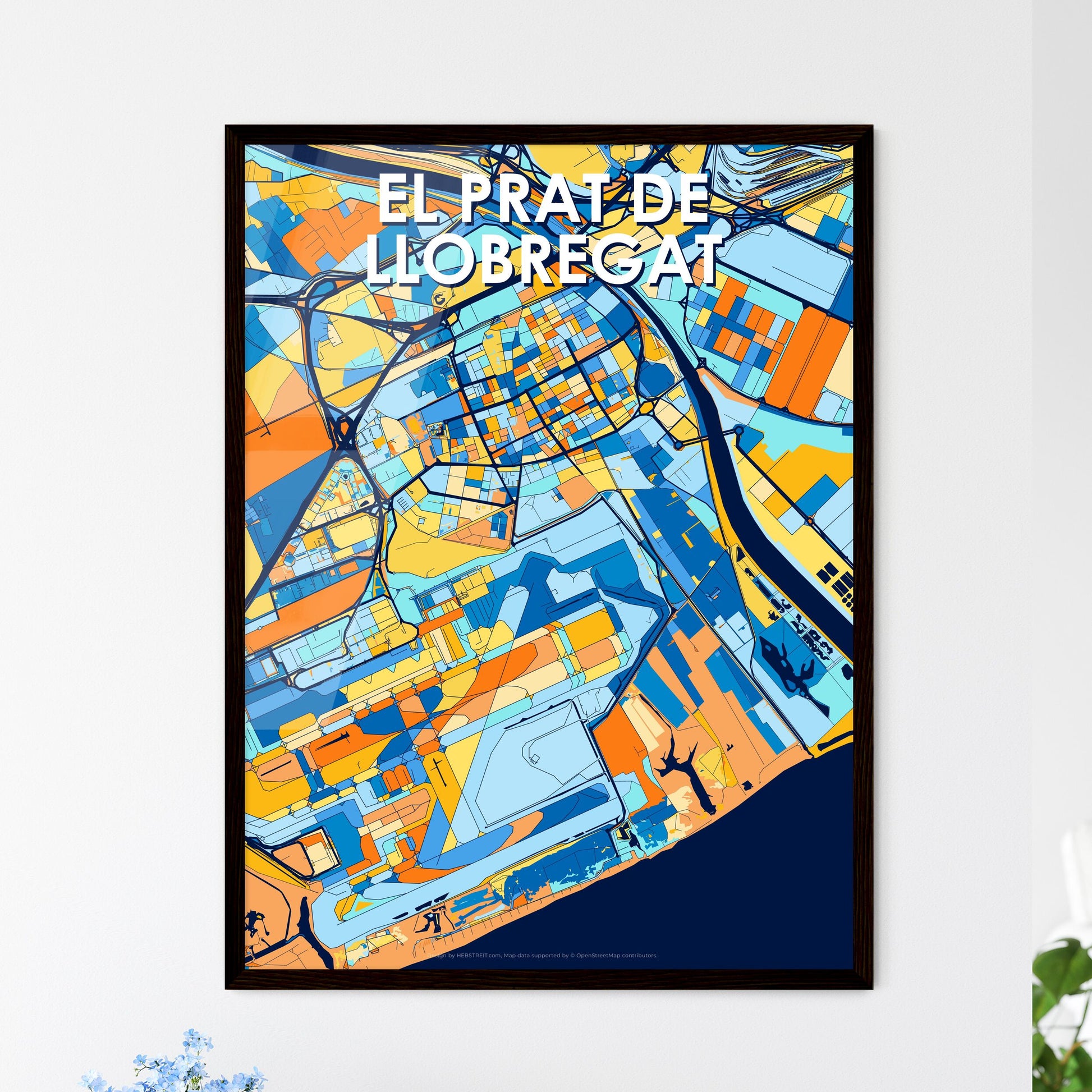 EL PRAT DE LLOBREGAT SPAIN Vibrant Colorful Art Map Poster Blue Orange