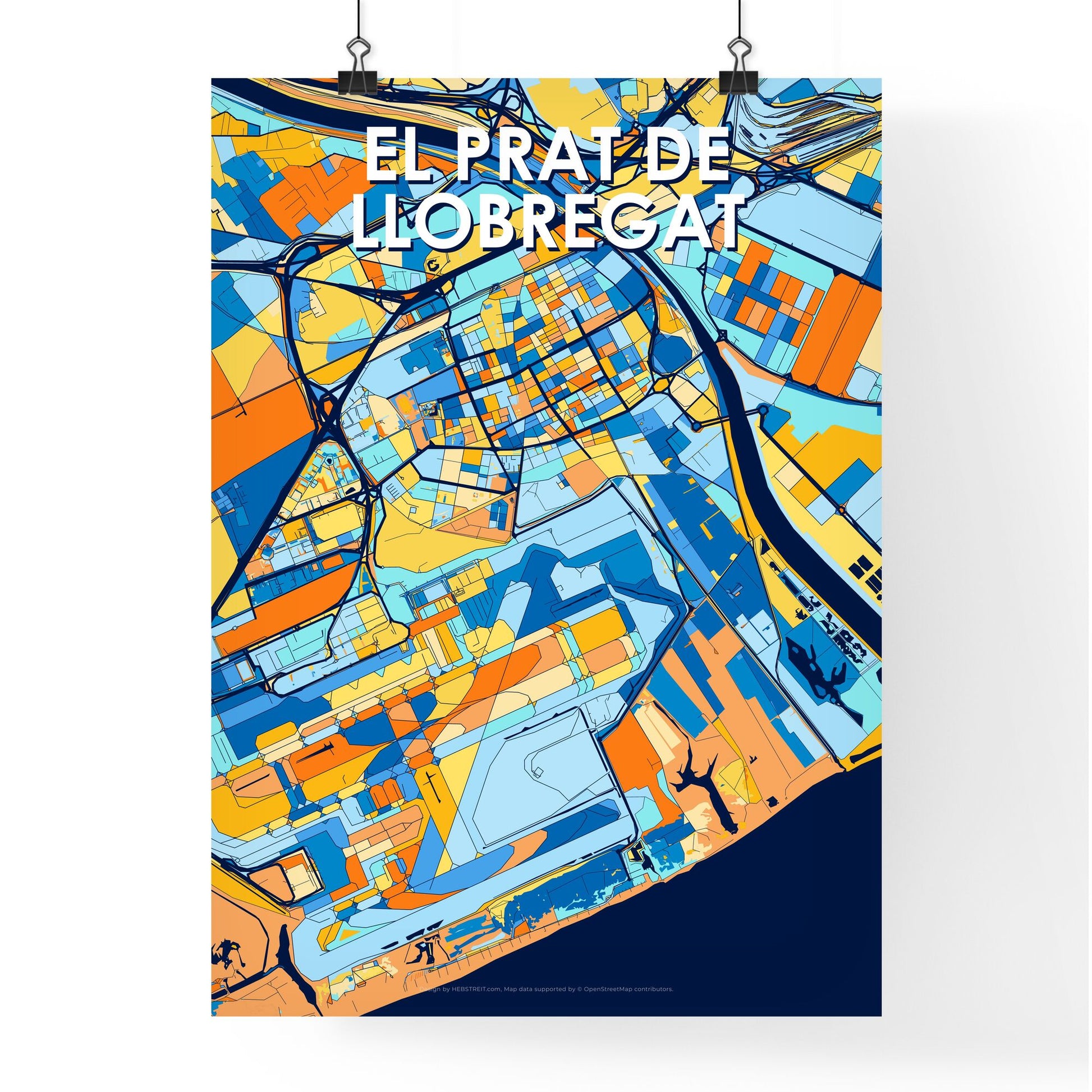 EL PRAT DE LLOBREGAT SPAIN Vibrant Colorful Art Map Poster Blue Orange