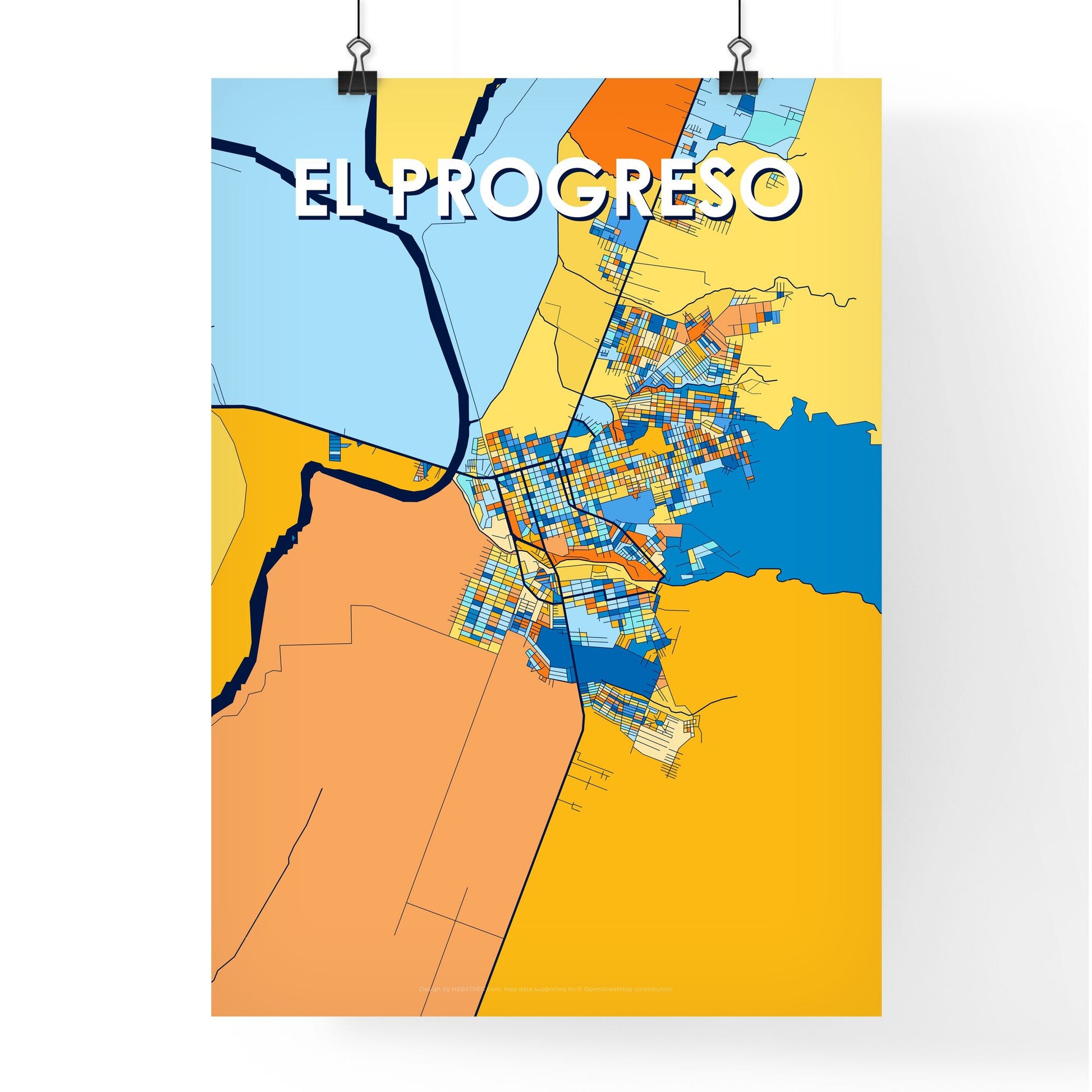 EL PROGRESO HONDURAS Vibrant Colorful Art Map Poster Blue Orange