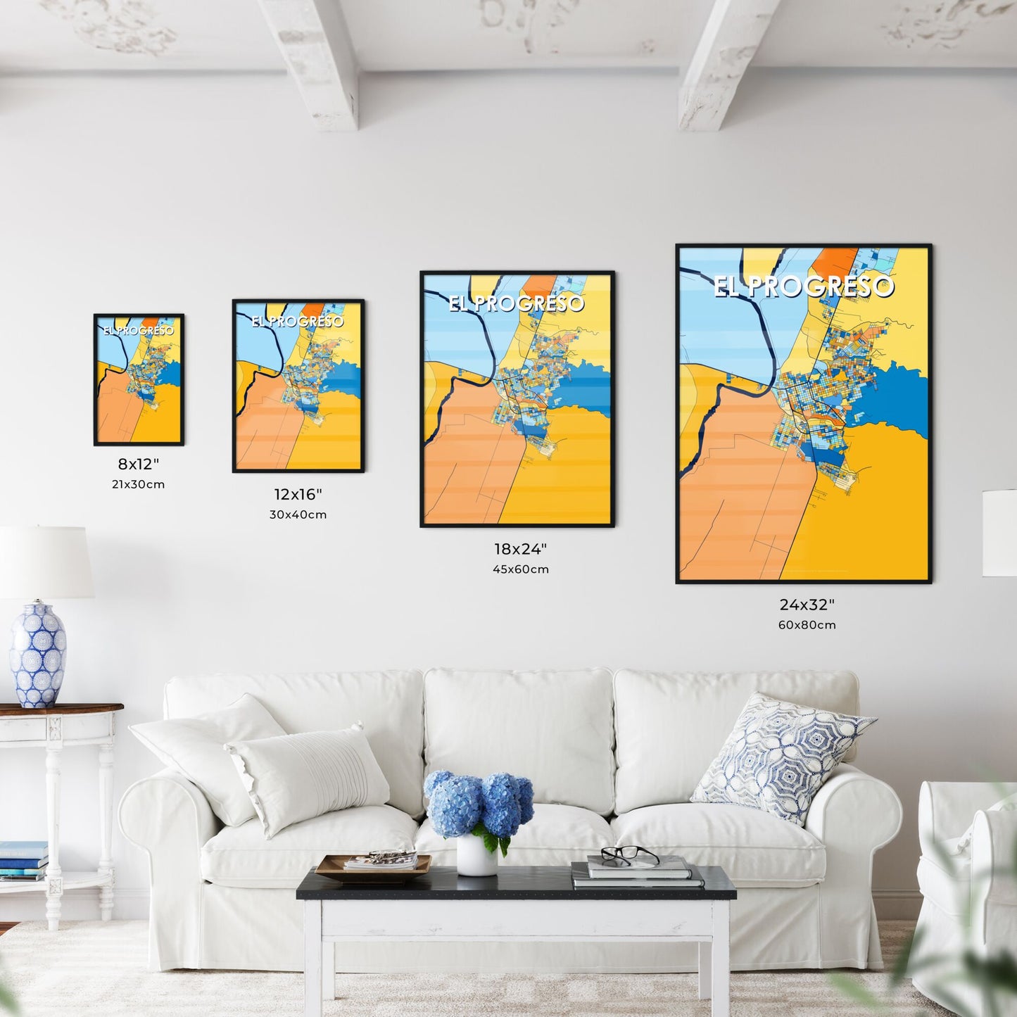 EL PROGRESO HONDURAS Vibrant Colorful Art Map Poster Blue Orange