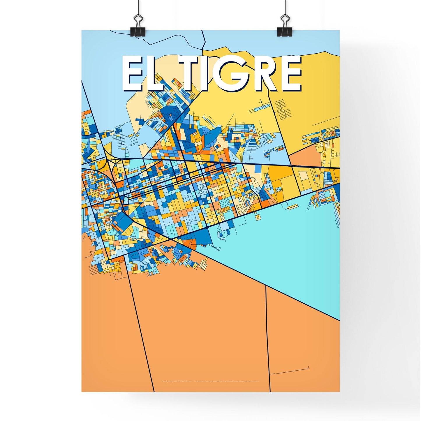 EL TIGRE VENEZUELA Vibrant Colorful Art Map Poster Blue Orange