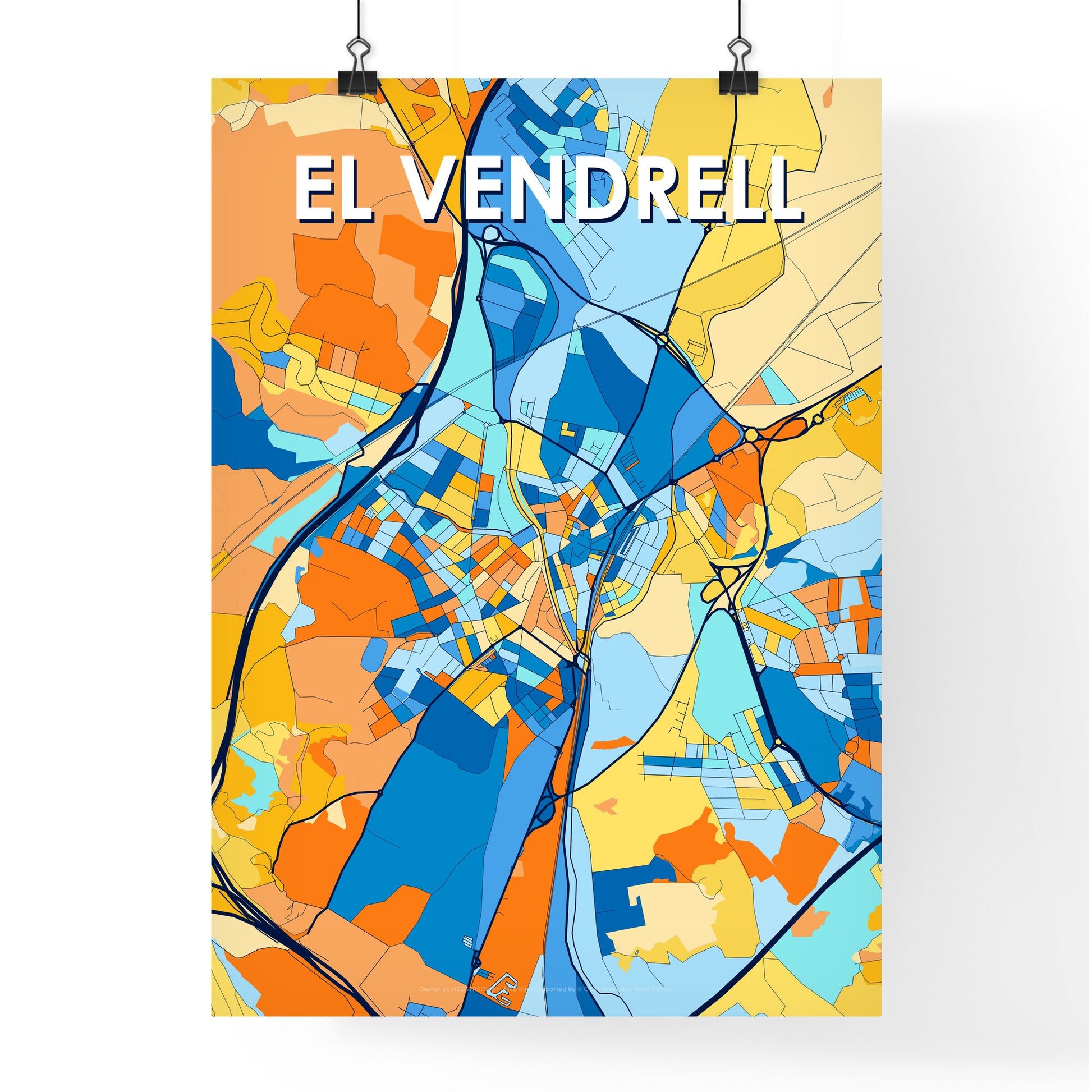 EL VENDRELL SPAIN Vibrant Colorful Art Map Poster Blue Orange