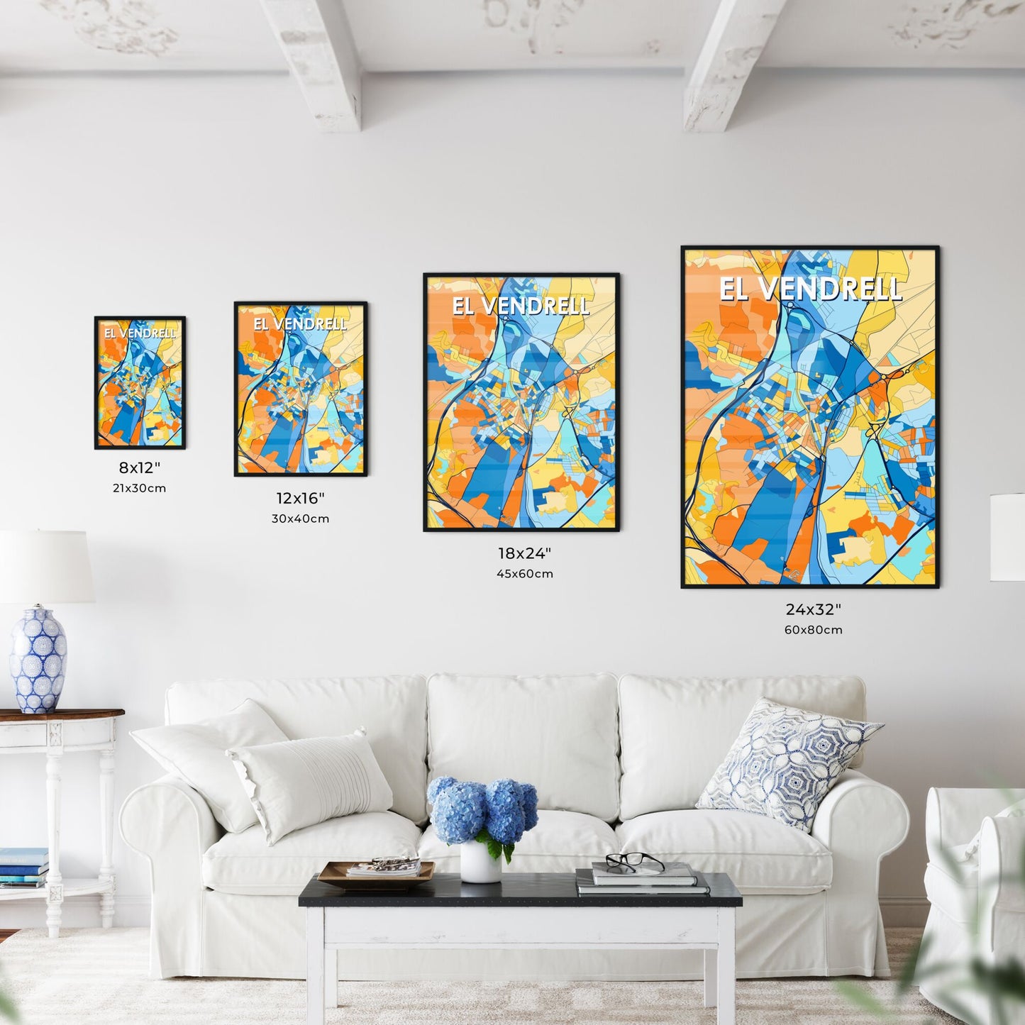 EL VENDRELL SPAIN Vibrant Colorful Art Map Poster Blue Orange