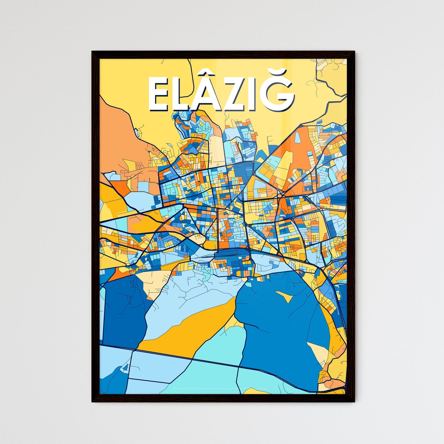 ELÂZIĞ TURKEY Vibrant Colorful Art Map Poster Blue Orange