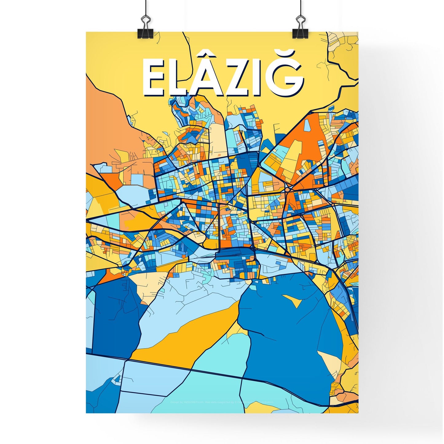 ELÂZIĞ TURKEY Vibrant Colorful Art Map Poster Blue Orange