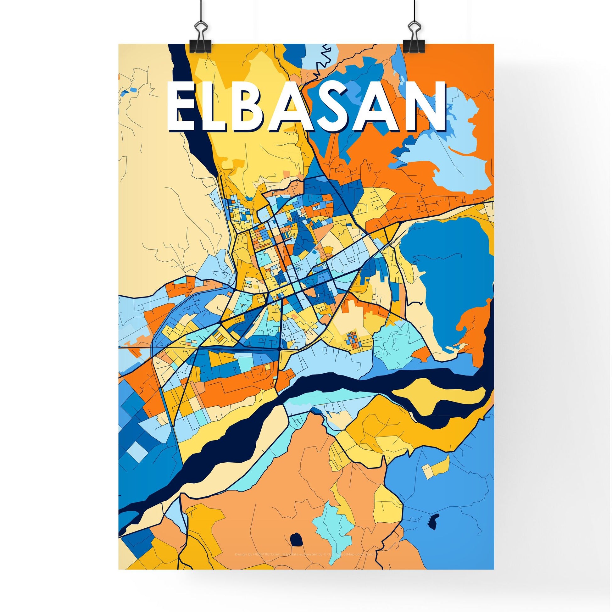 ELBASAN ALBANIA Vibrant Colorful Art Map Poster Blue Orange