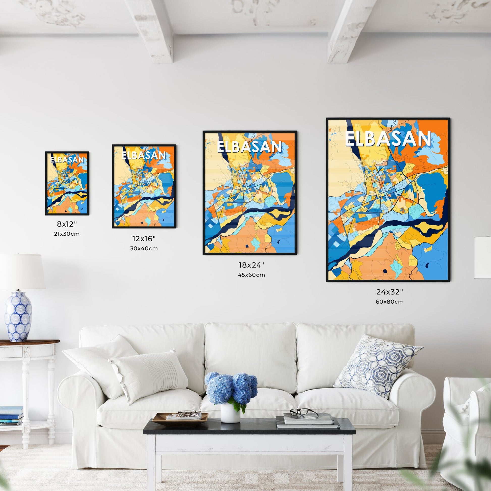 ELBASAN ALBANIA Vibrant Colorful Art Map Poster Blue Orange