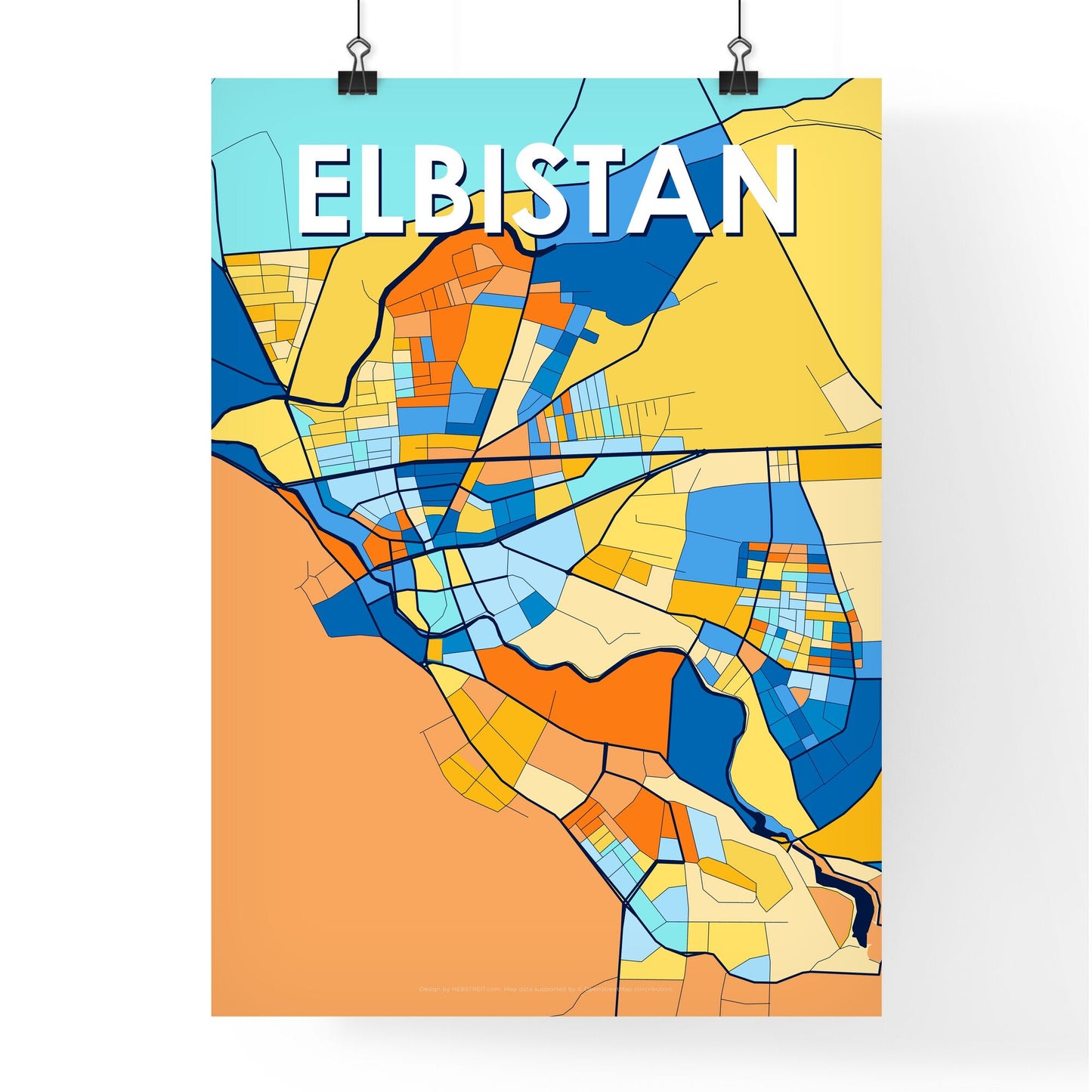 ELBISTAN TURKEY Vibrant Colorful Art Map Poster Blue Orange