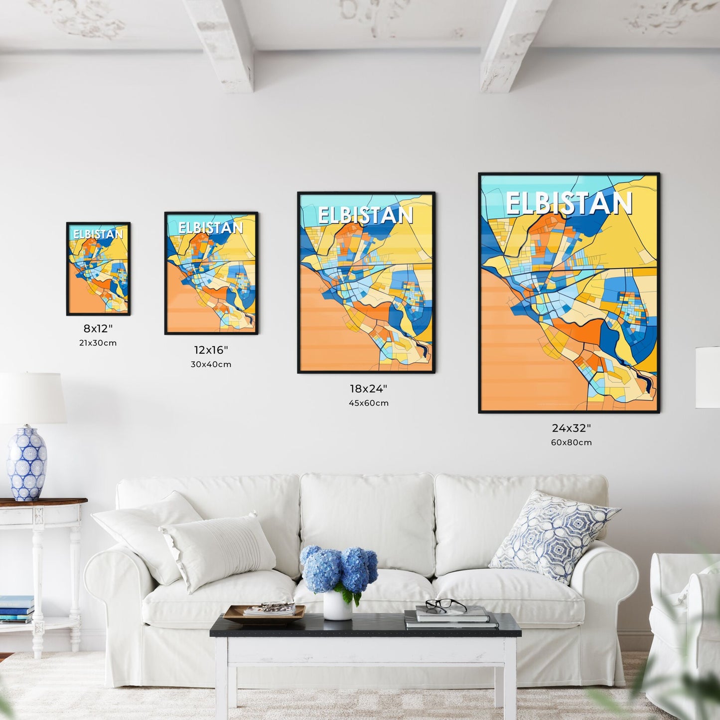 ELBISTAN TURKEY Vibrant Colorful Art Map Poster Blue Orange