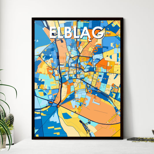 ELBLĄG POLAND Vibrant Colorful Art Map Poster Blue Orange