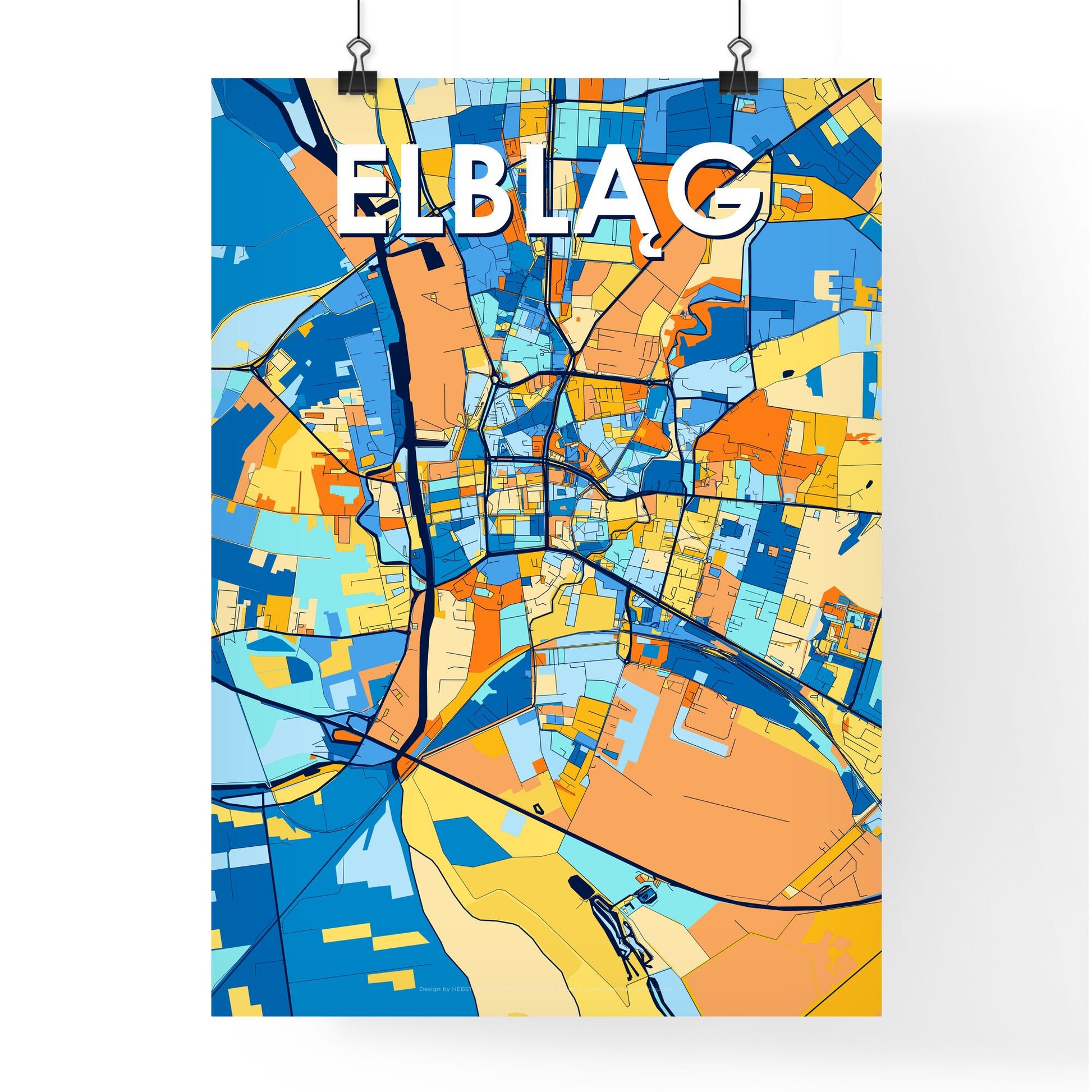 ELBLĄG POLAND Vibrant Colorful Art Map Poster Blue Orange