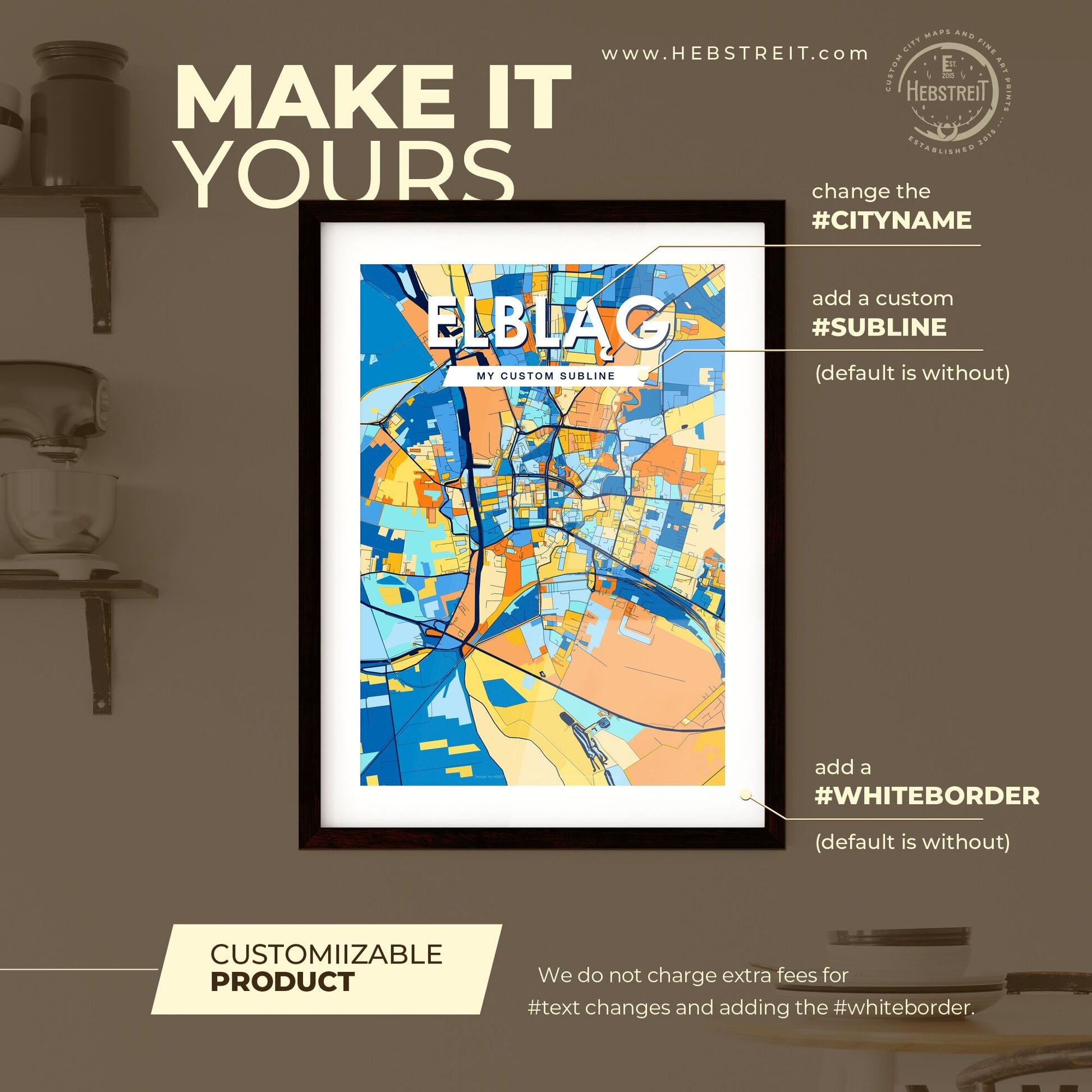 ELBLĄG POLAND Vibrant Colorful Art Map Poster Blue Orange