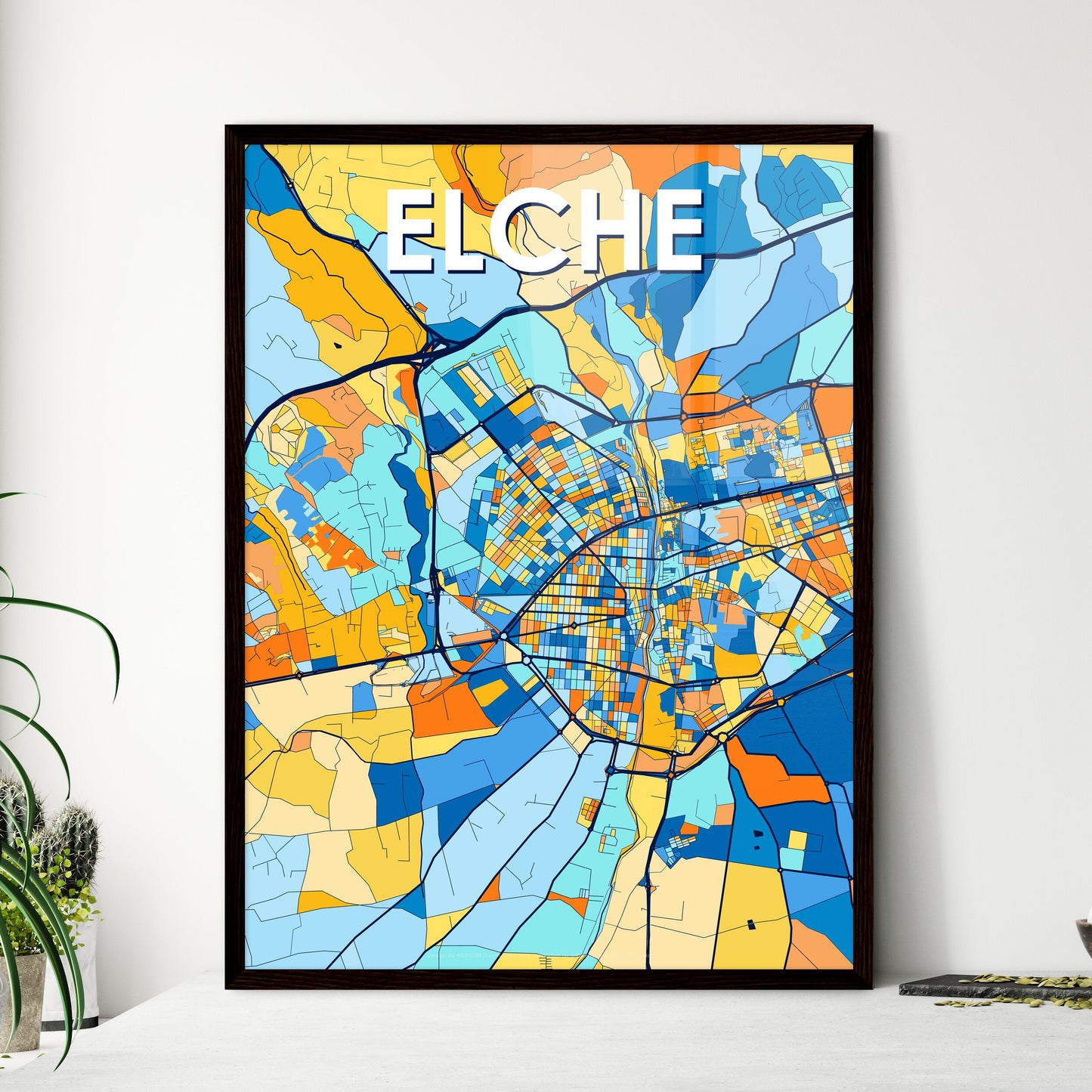 ELCHE SPAIN Vibrant Colorful Art Map Poster Blue Orange