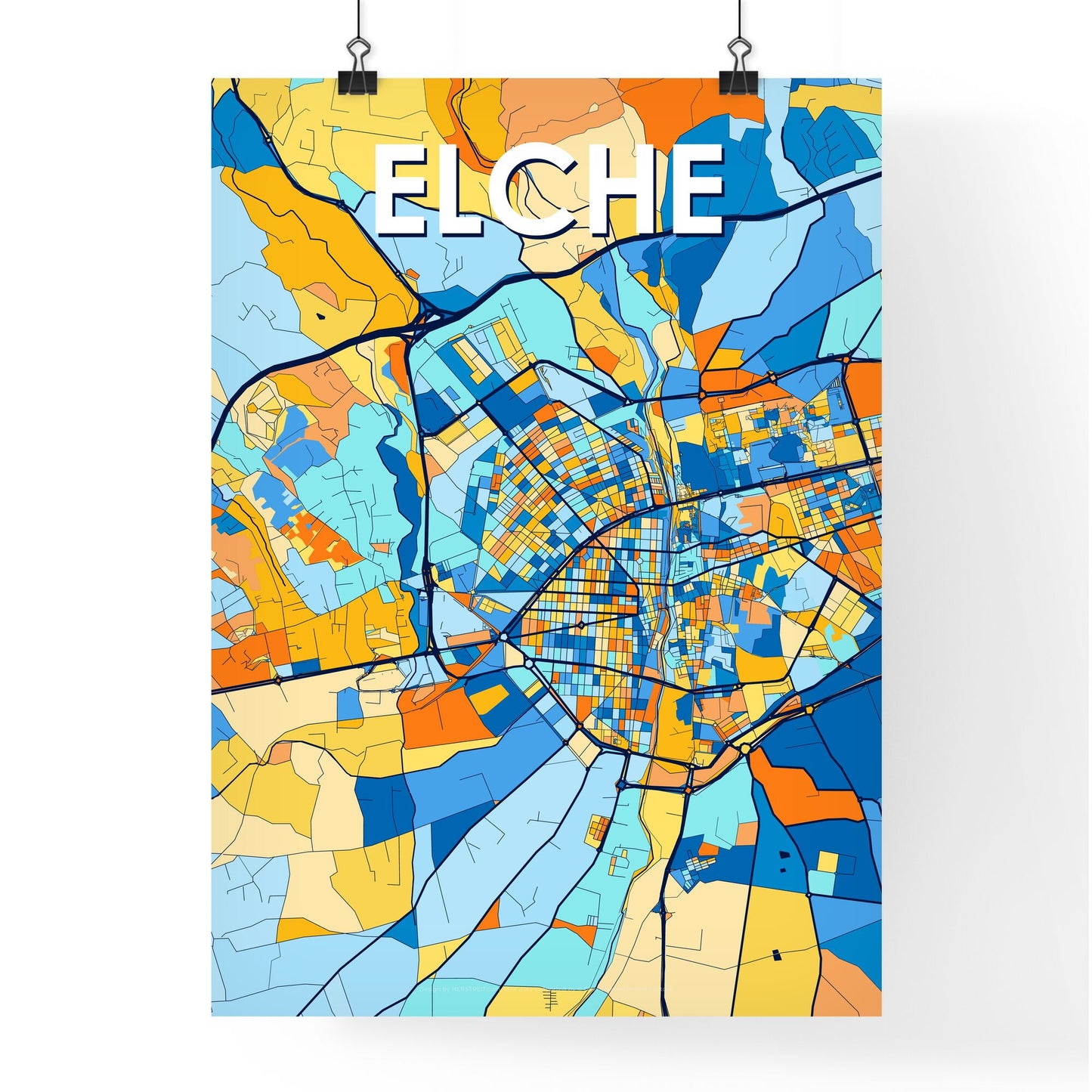 ELCHE SPAIN Vibrant Colorful Art Map Poster Blue Orange