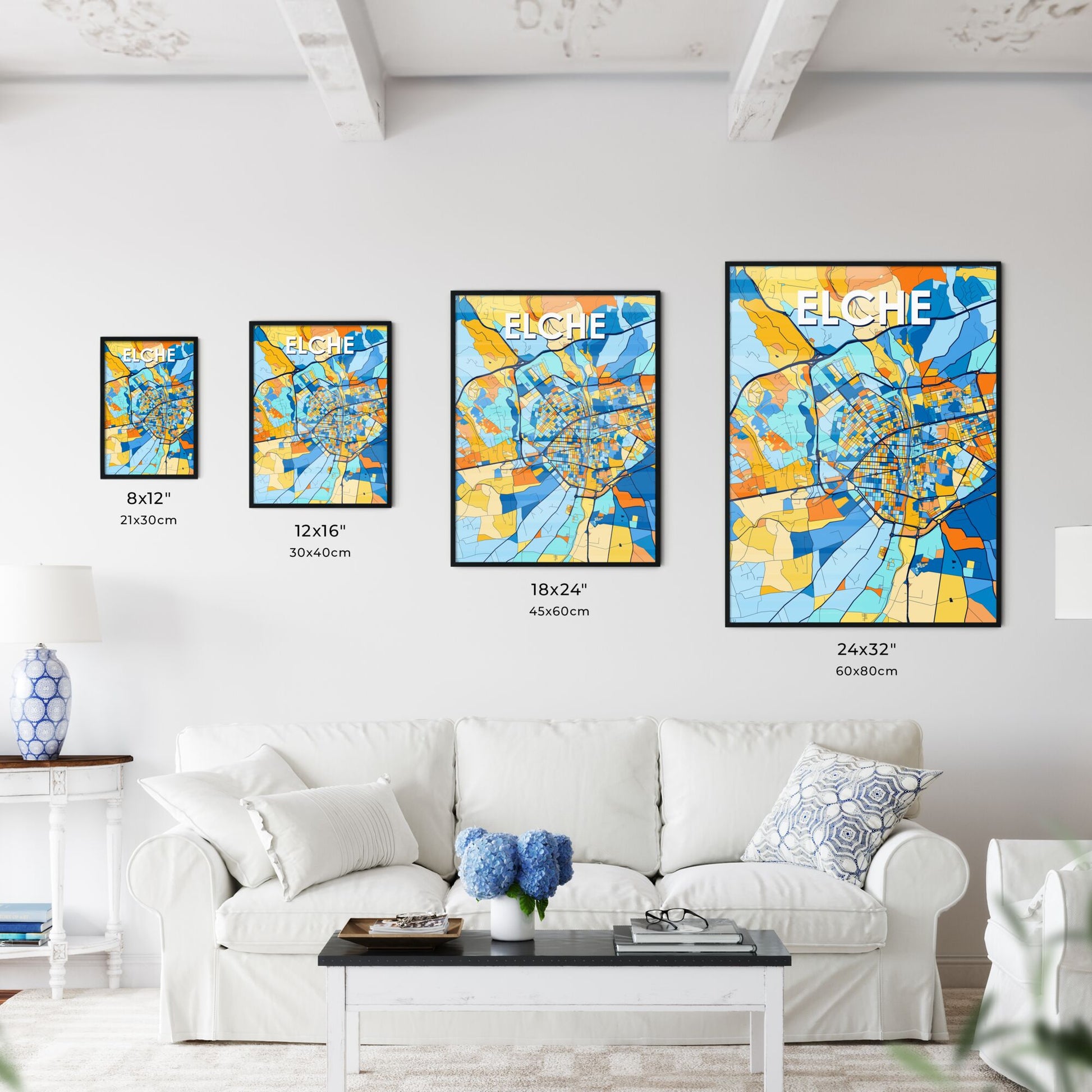 ELCHE SPAIN Vibrant Colorful Art Map Poster Blue Orange