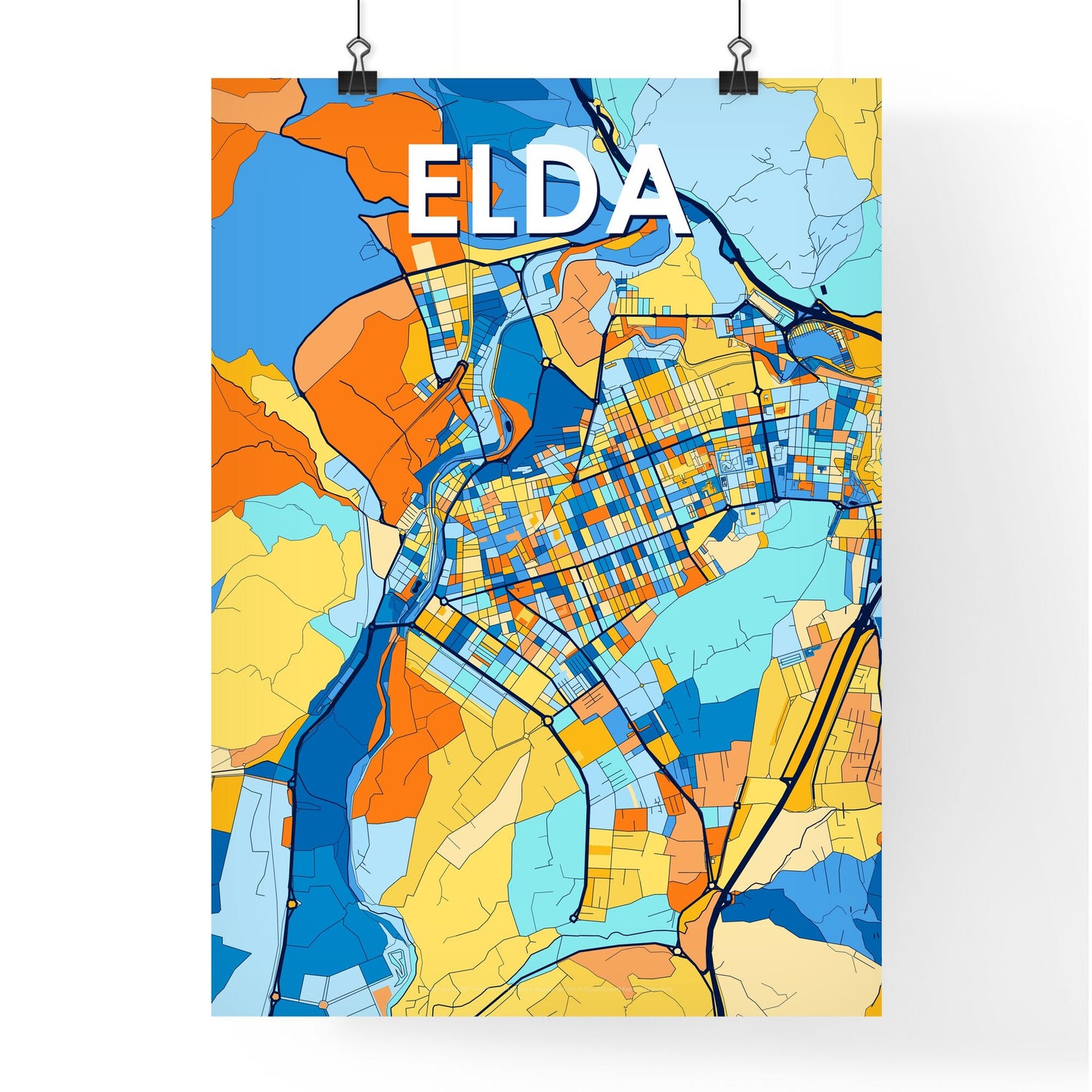 ELDA SPAIN Vibrant Colorful Art Map Poster Blue Orange