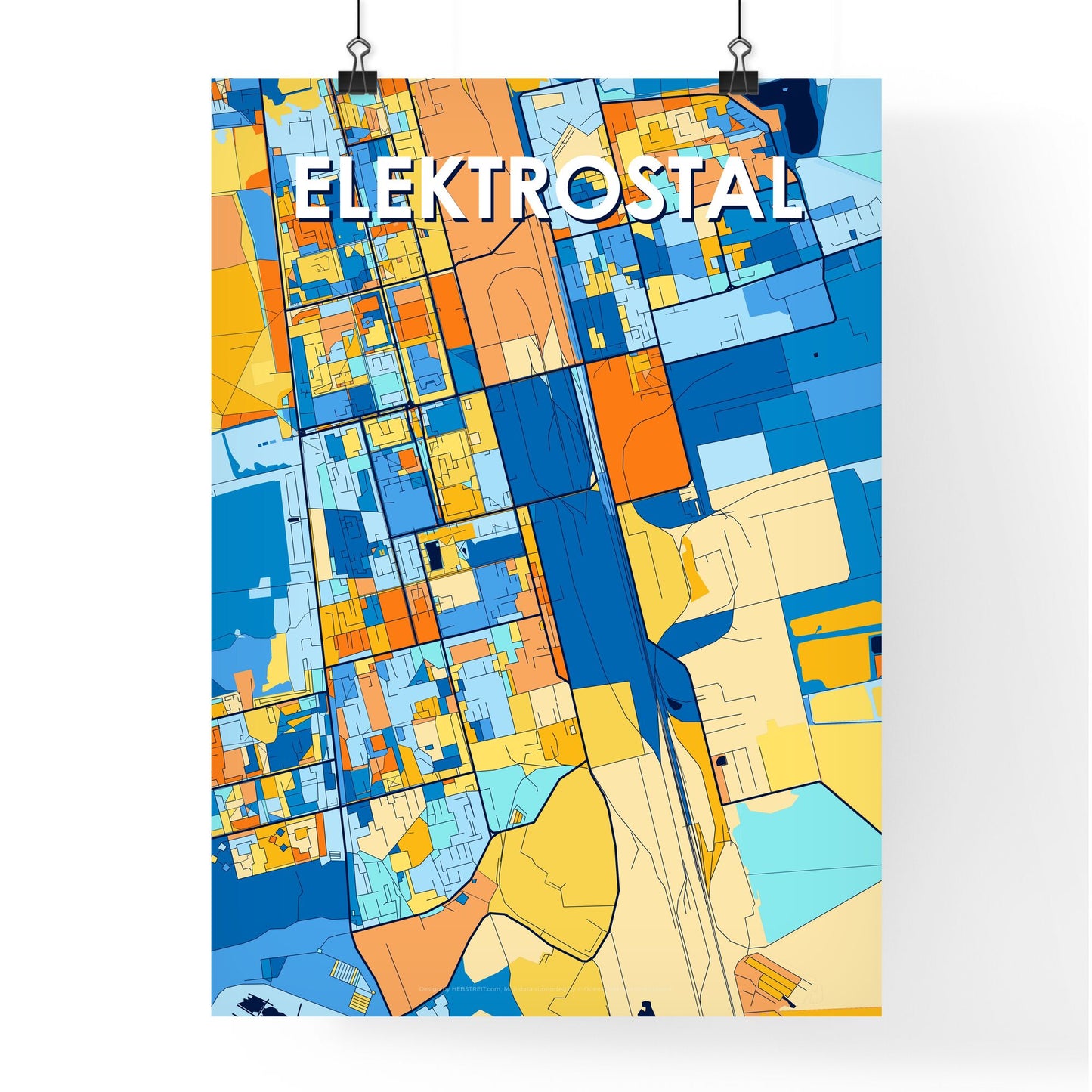 ELEKTROSTAL RUSSIA Vibrant Colorful Art Map Poster Blue Orange