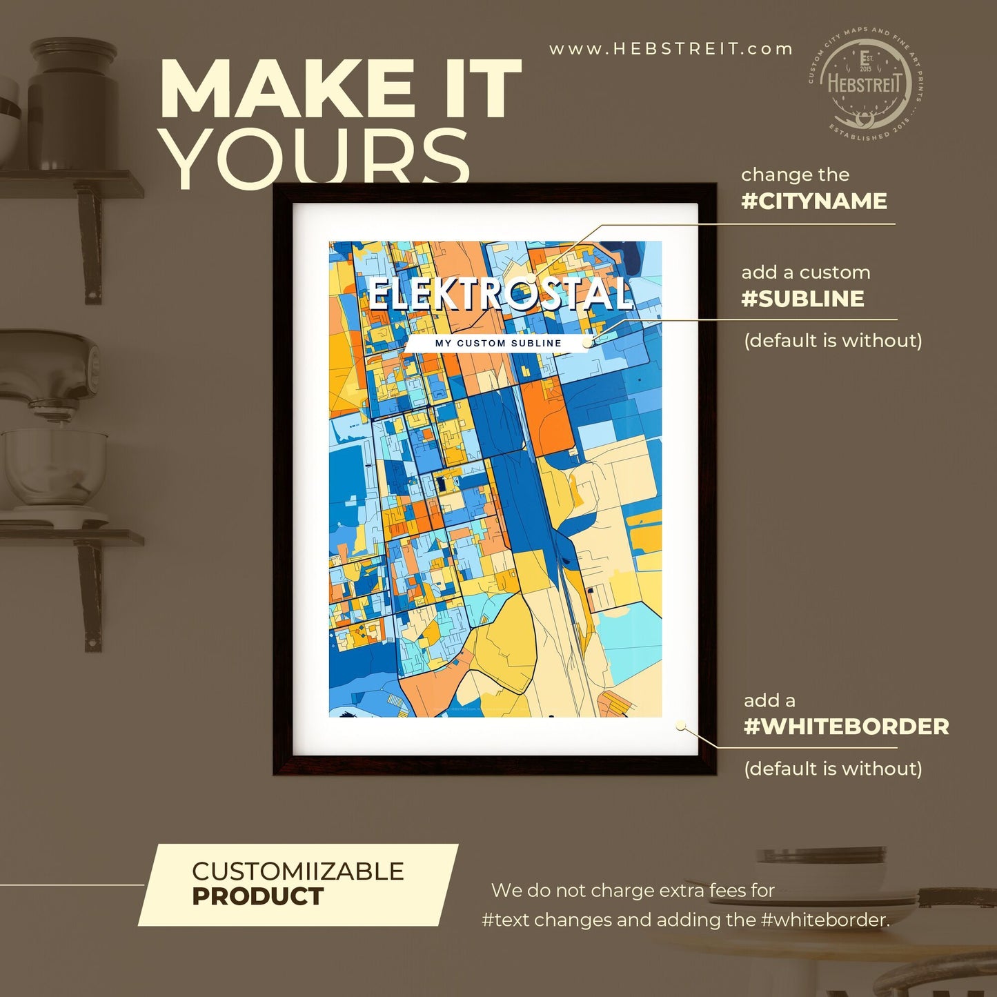 ELEKTROSTAL RUSSIA Vibrant Colorful Art Map Poster Blue Orange