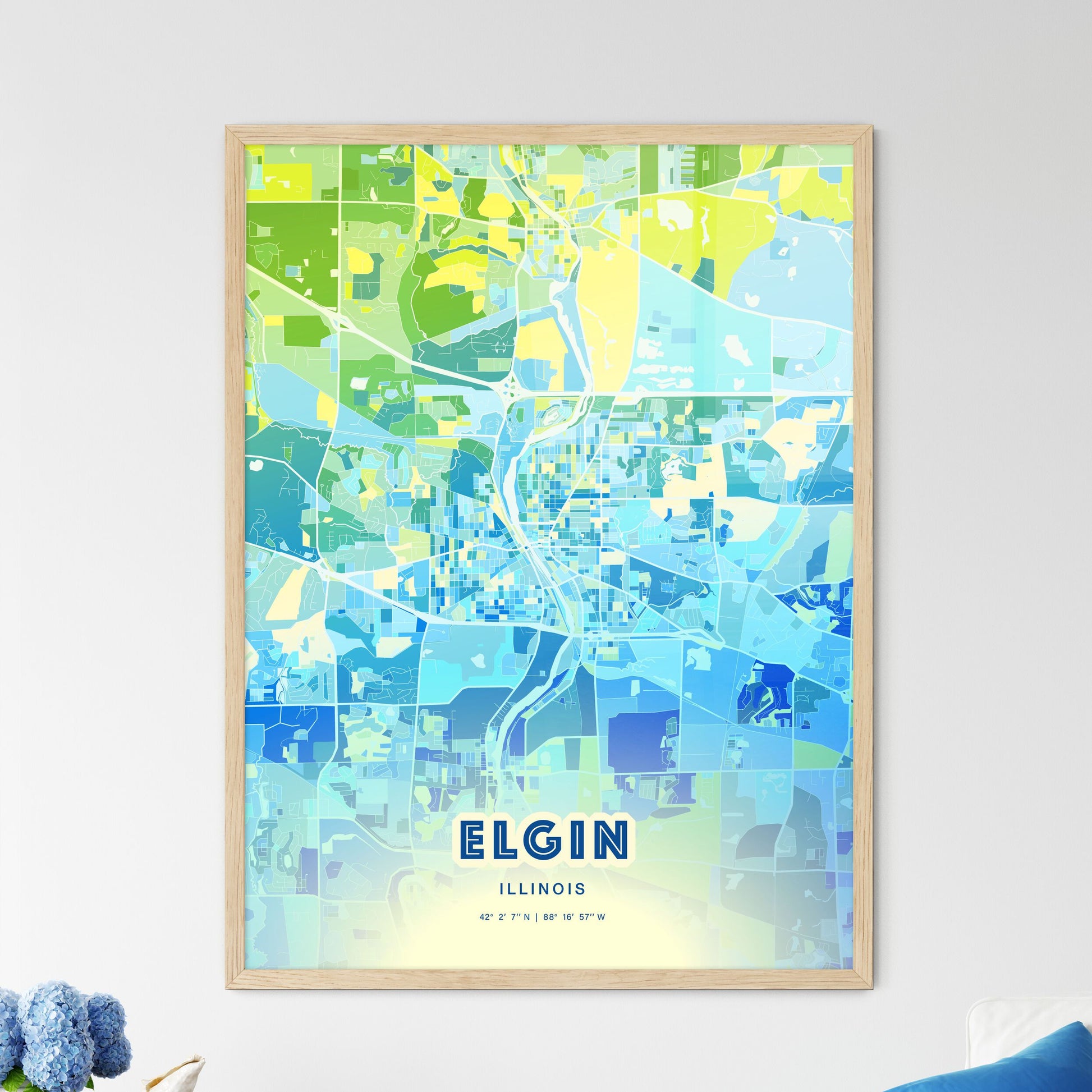 Colorful Elgin Illinois Fine Art Map Cool Blue