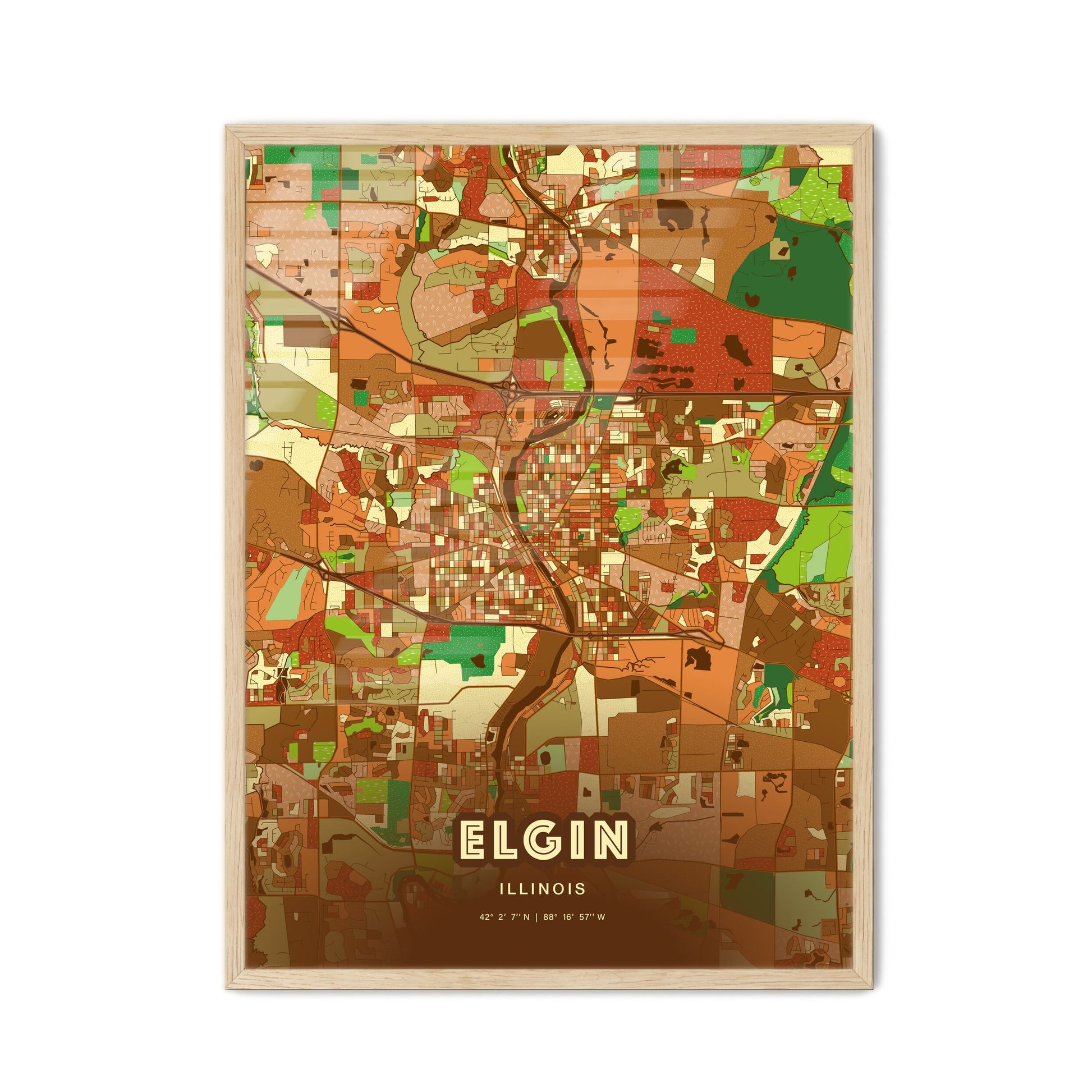 Colorful Elgin Illinois Fine Art Map Farmhouse