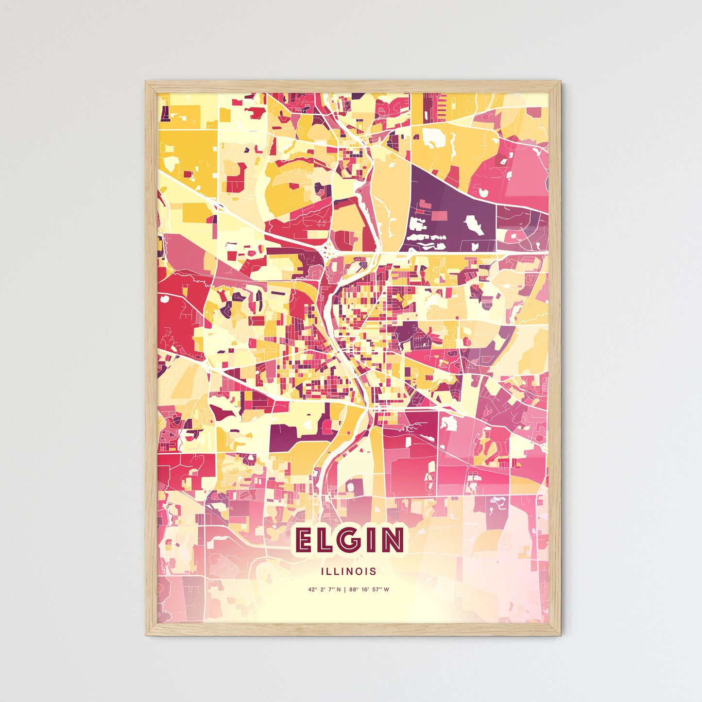 Colorful Elgin Illinois Fine Art Map Hot Red