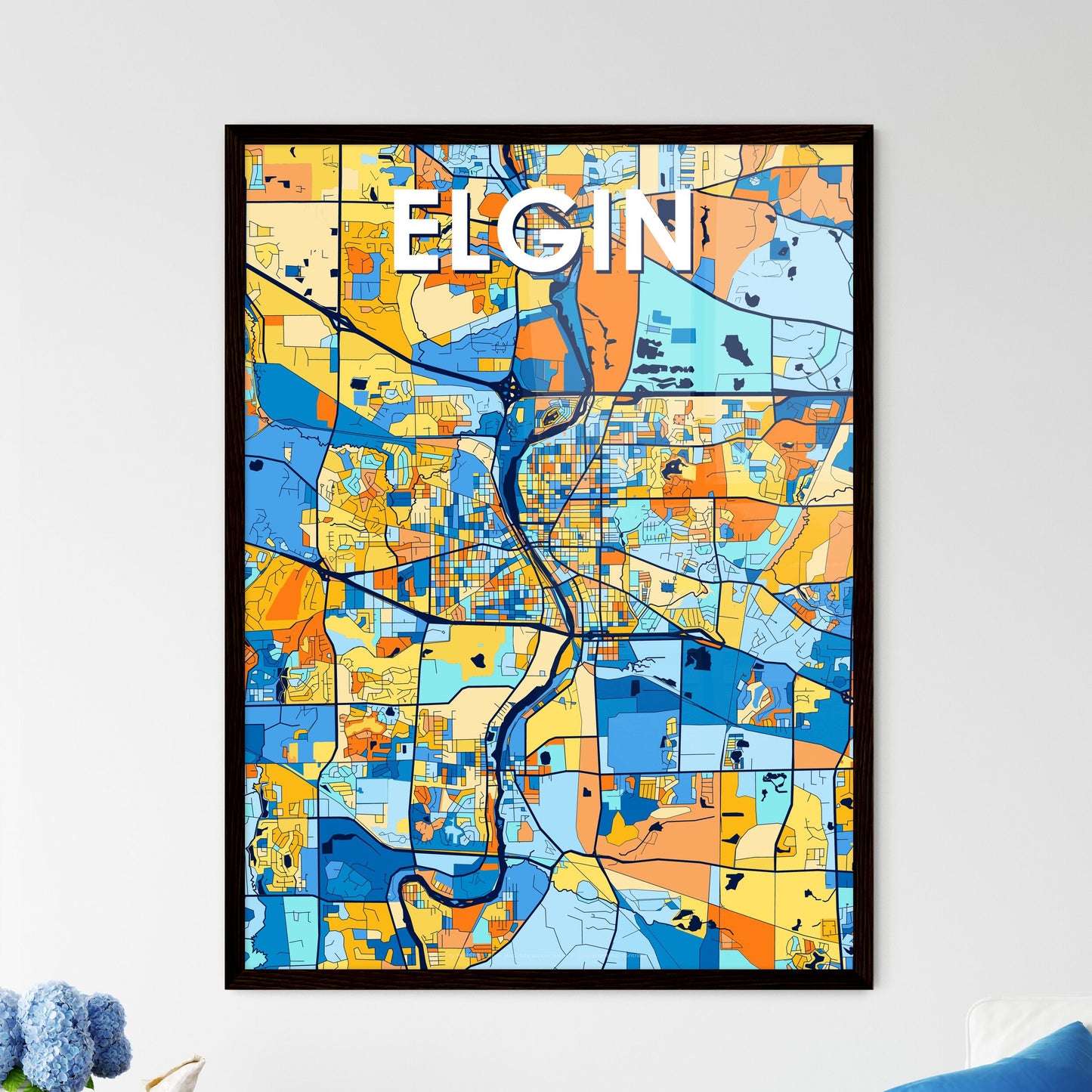ELGIN ILLINOIS Vibrant Colorful Art Map Poster Blue Orange