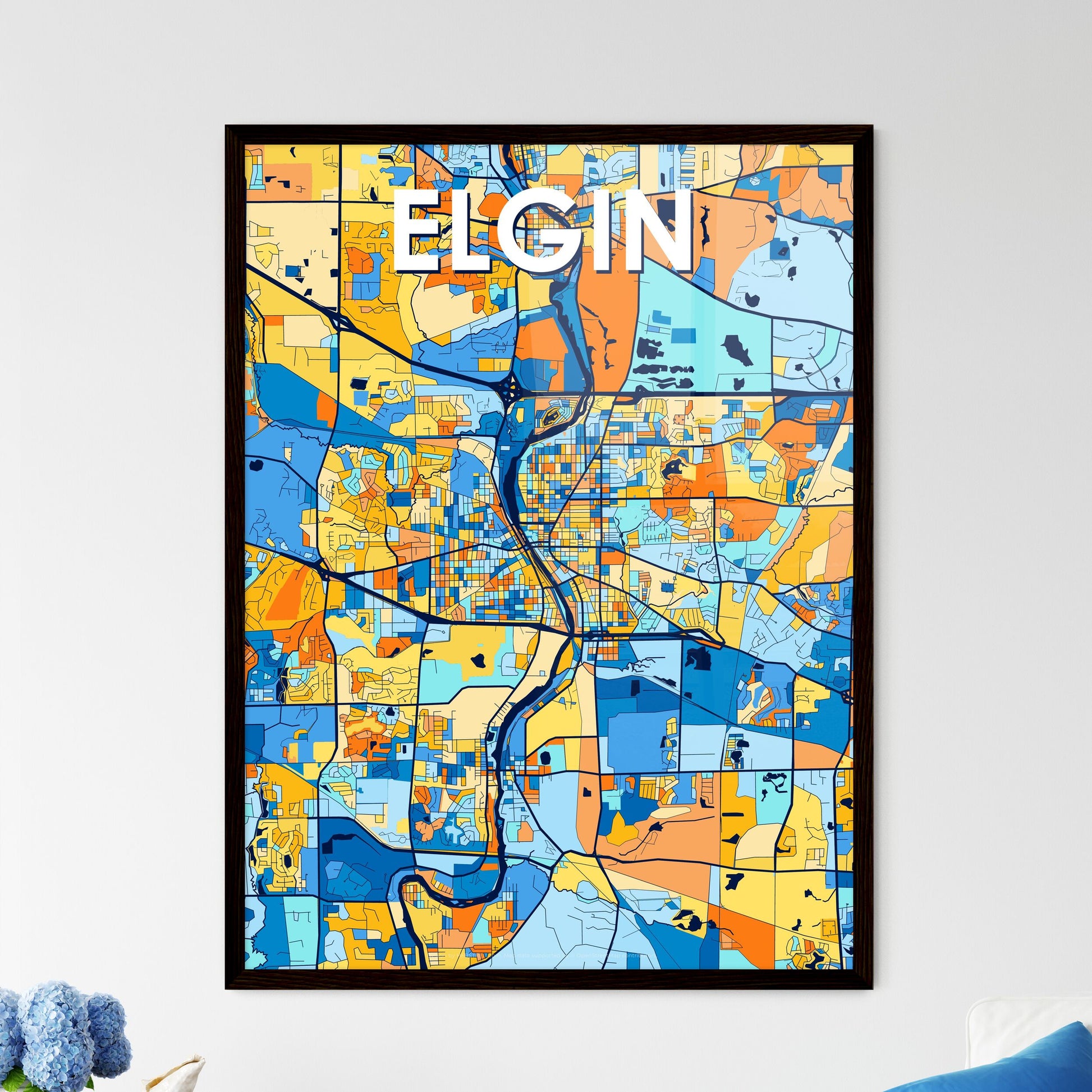 ELGIN ILLINOIS Vibrant Colorful Art Map Poster Blue Orange