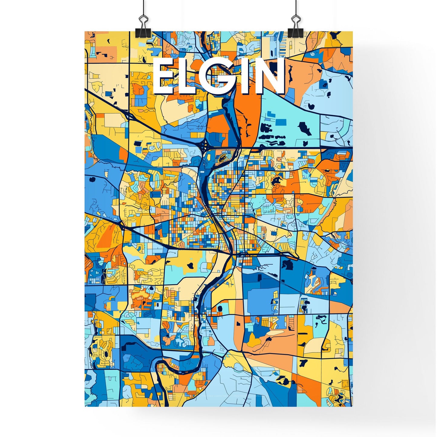 ELGIN ILLINOIS Vibrant Colorful Art Map Poster Blue Orange