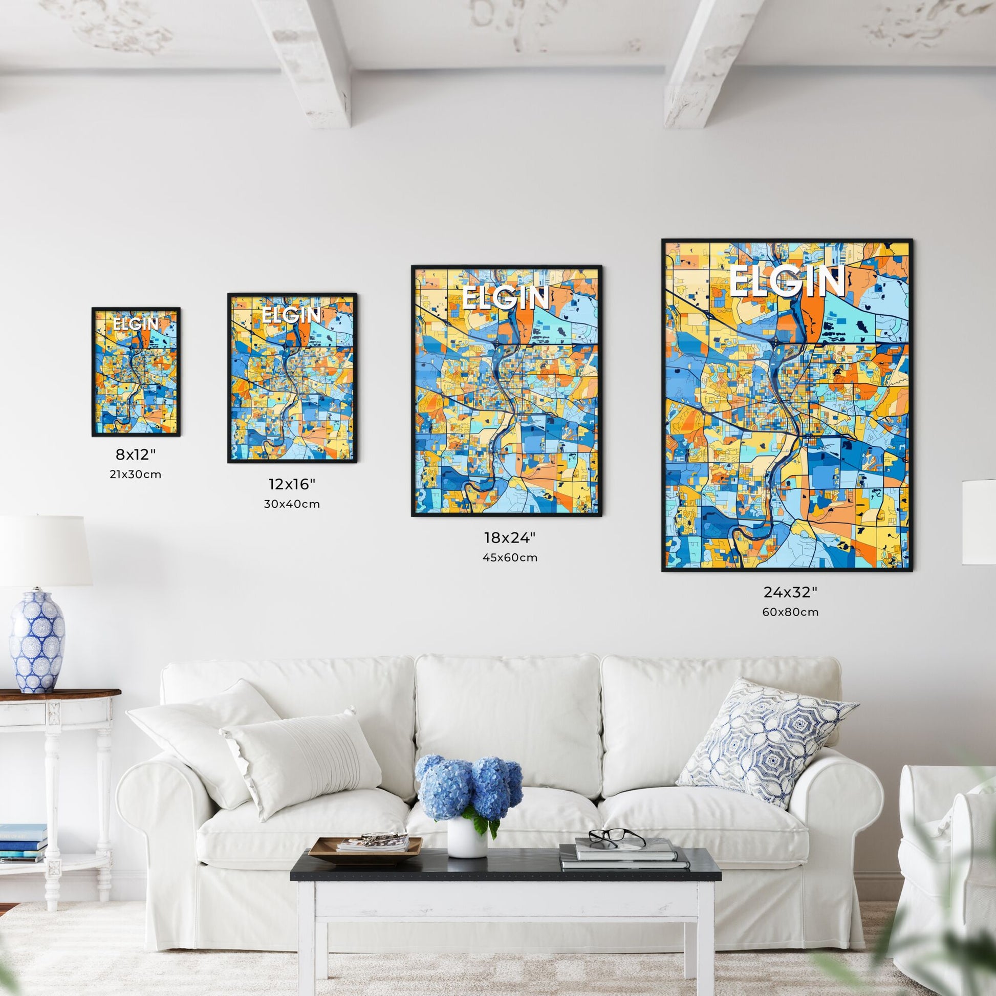ELGIN ILLINOIS Vibrant Colorful Art Map Poster Blue Orange