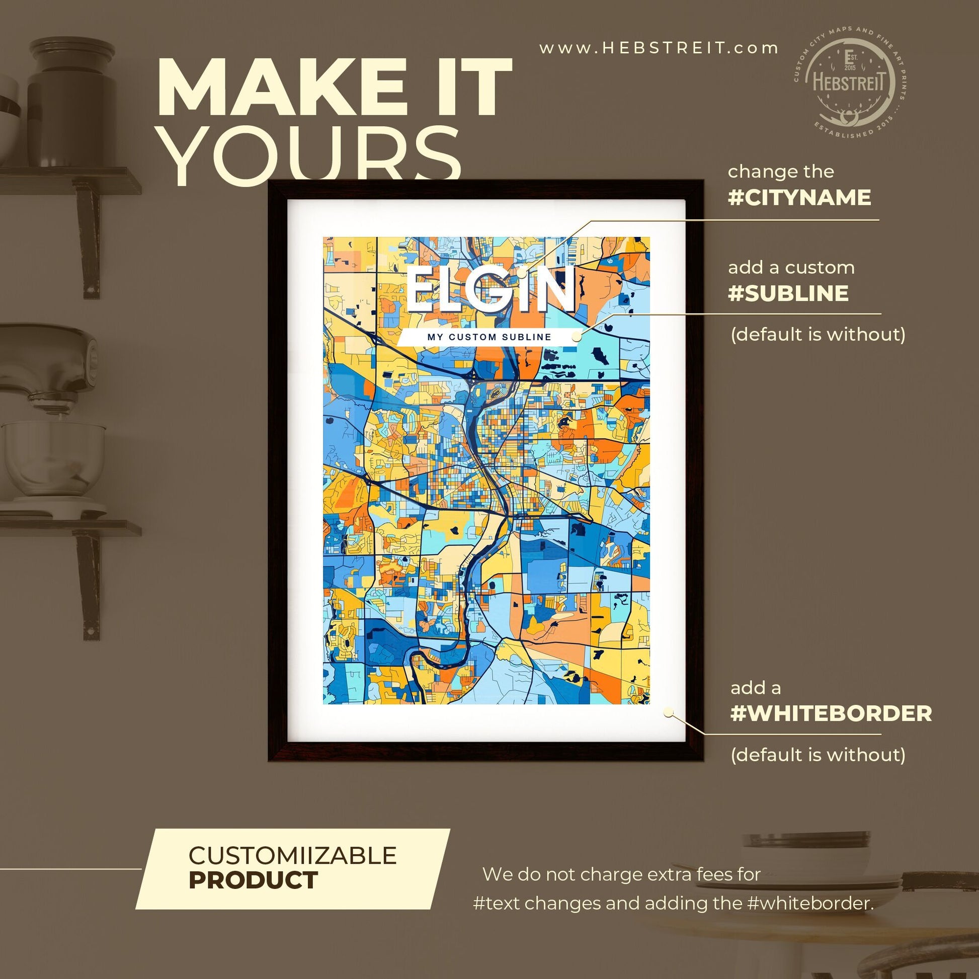 ELGIN ILLINOIS Vibrant Colorful Art Map Poster Blue Orange