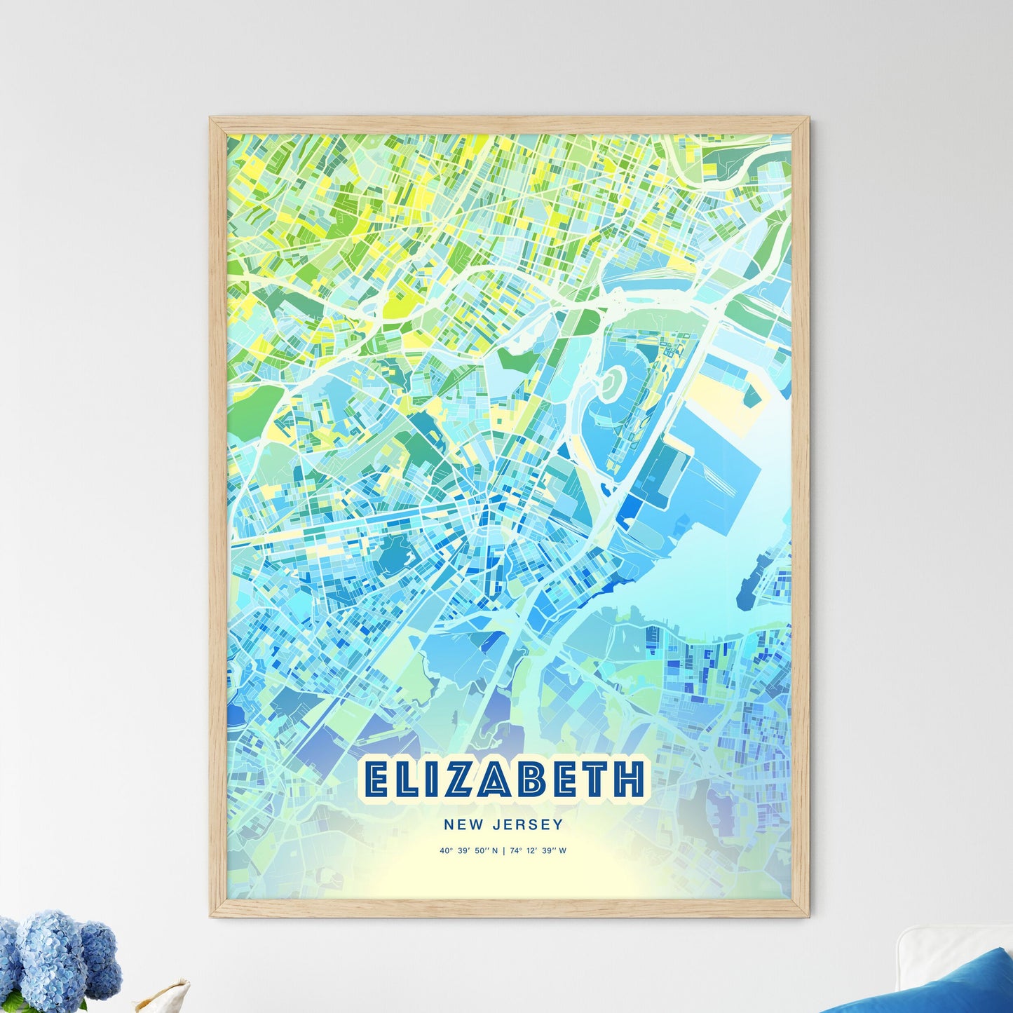 Colorful Elizabeth New Jersey Fine Art Map Cool Blue