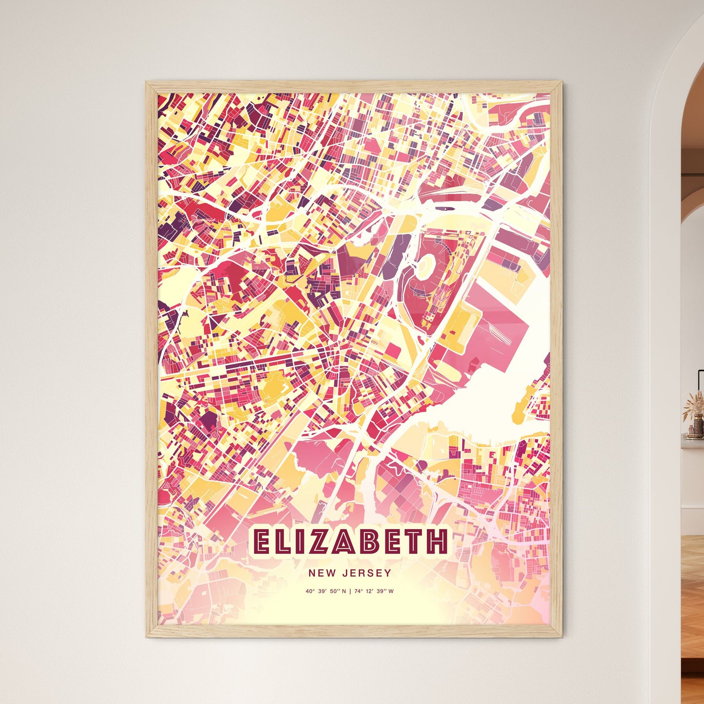 Colorful Elizabeth New Jersey Fine Art Map Hot Red